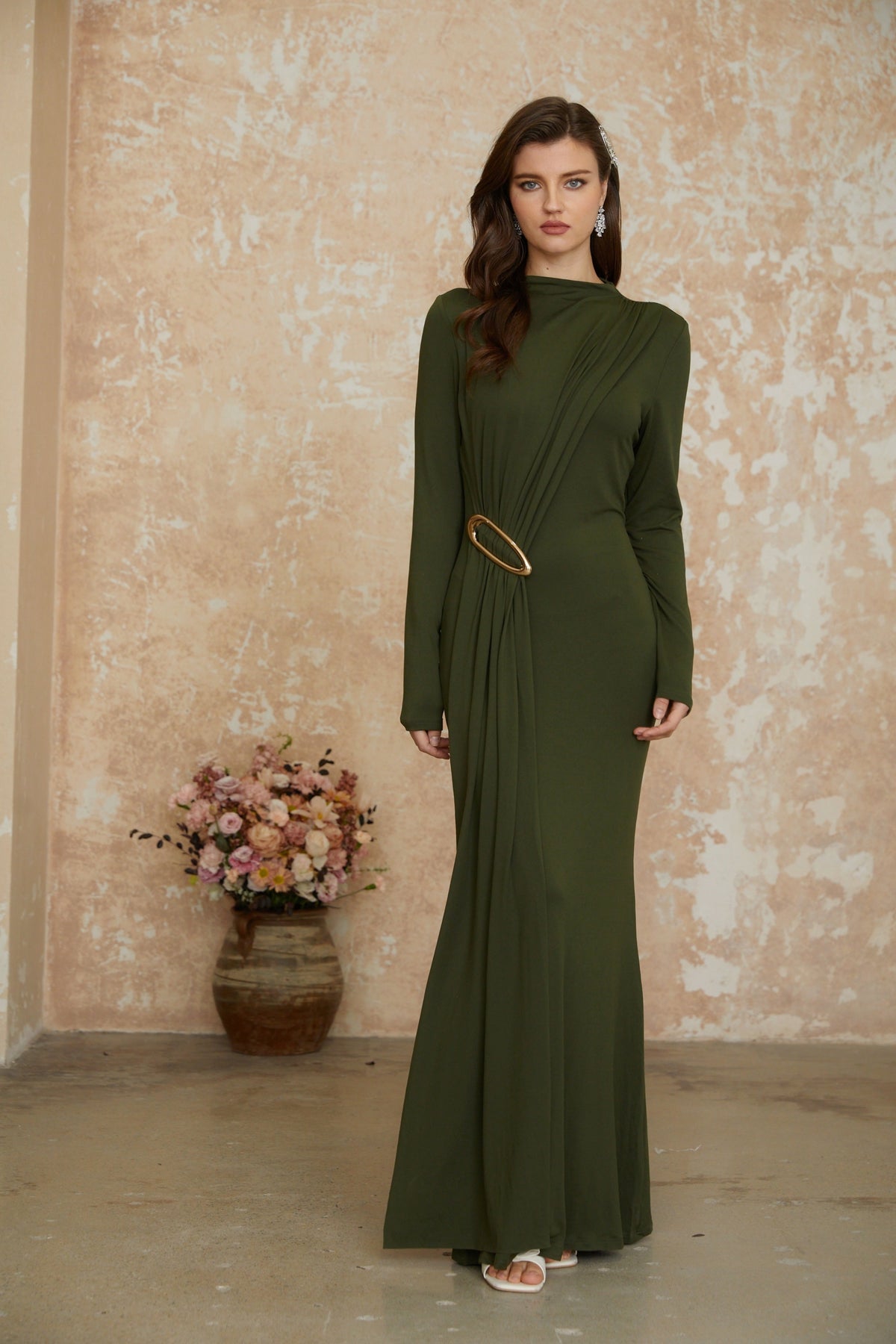 Fawn Green Ruched Maxi Dress with Ribbon Detail (Final Sale-US Only)