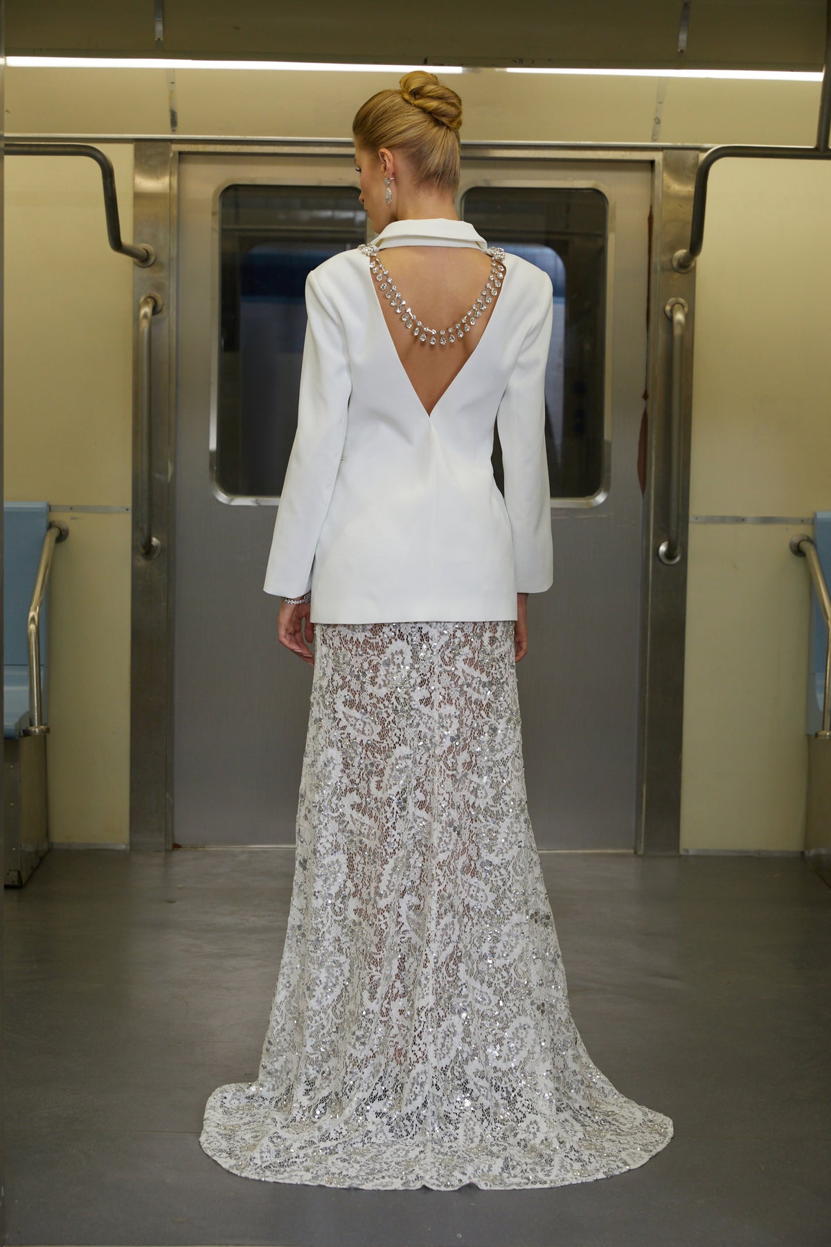 Felicia White Open Back Blazer & Lace Skirt Set