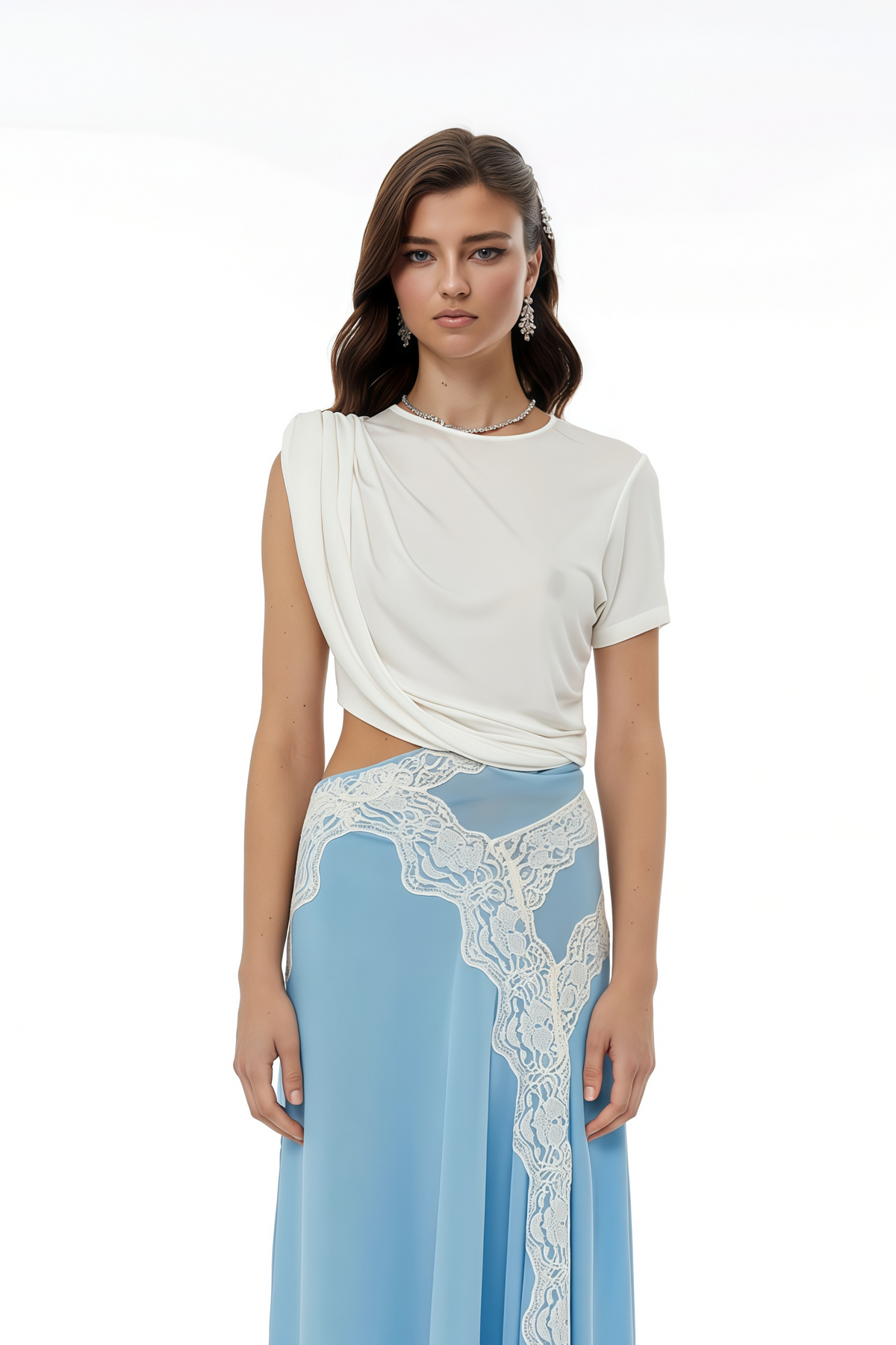 Fiamma Blue Gathered Lace Panel Maxi Dress