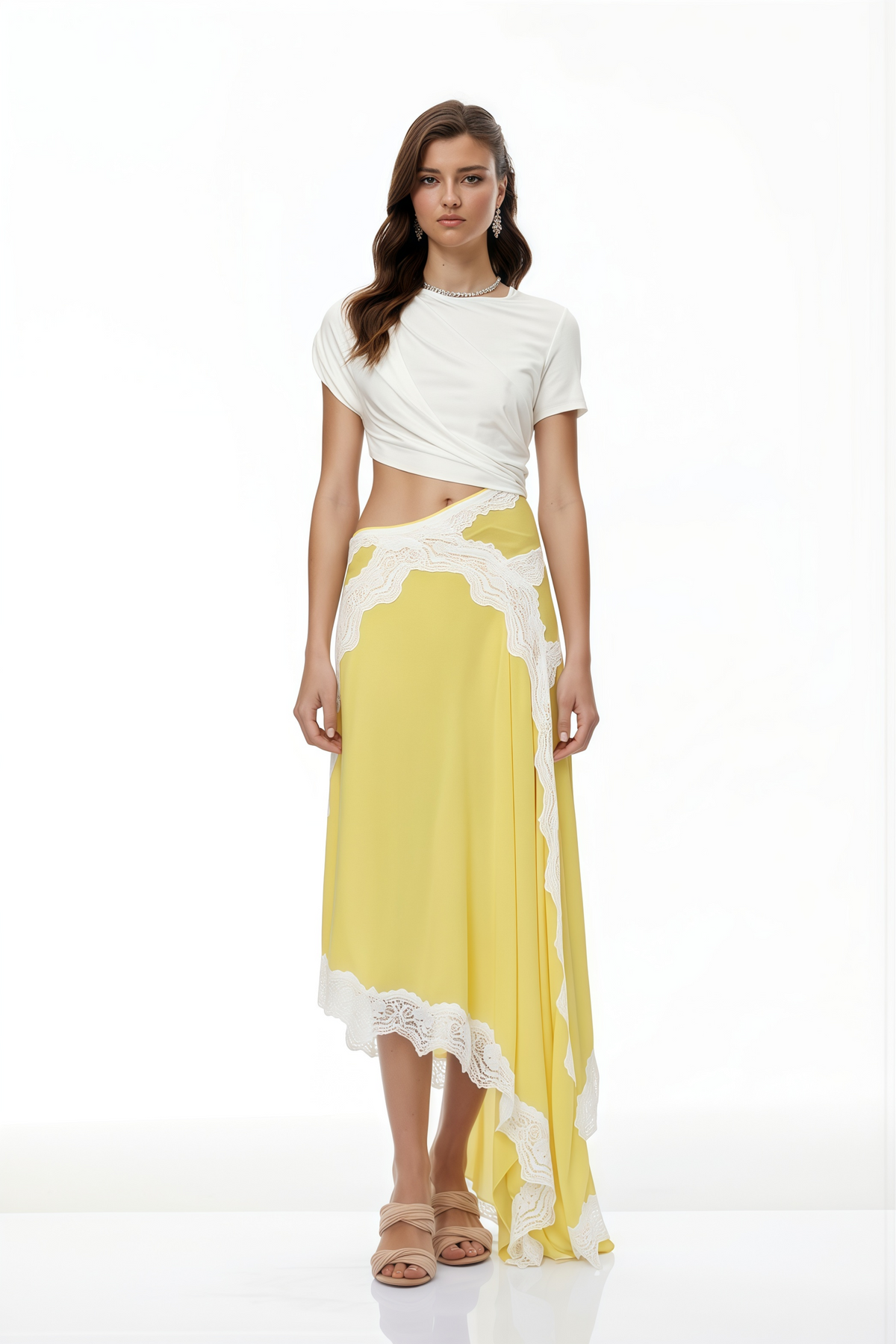 Fiamma Yellow Gathered Lace Panel Maxi Dress
