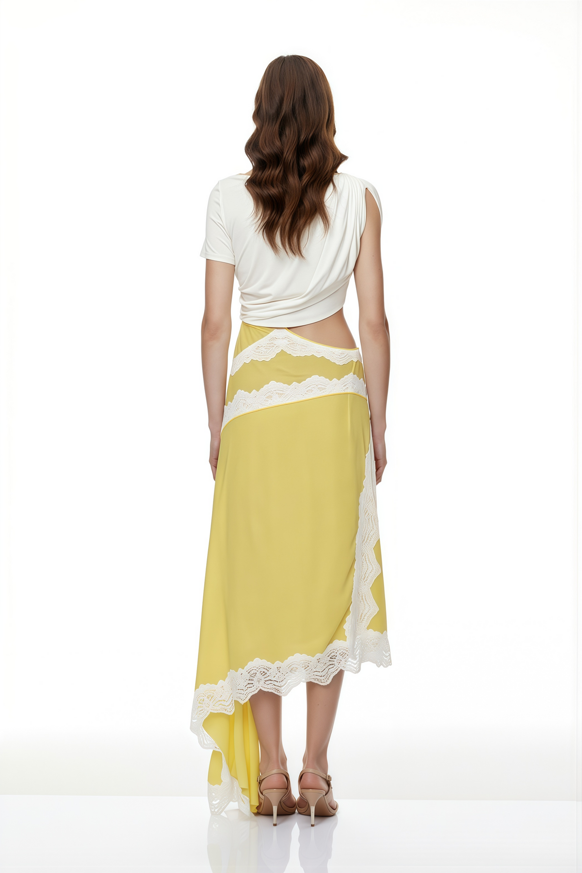 Fiamma Yellow Gathered Lace Panel Maxi Dress
