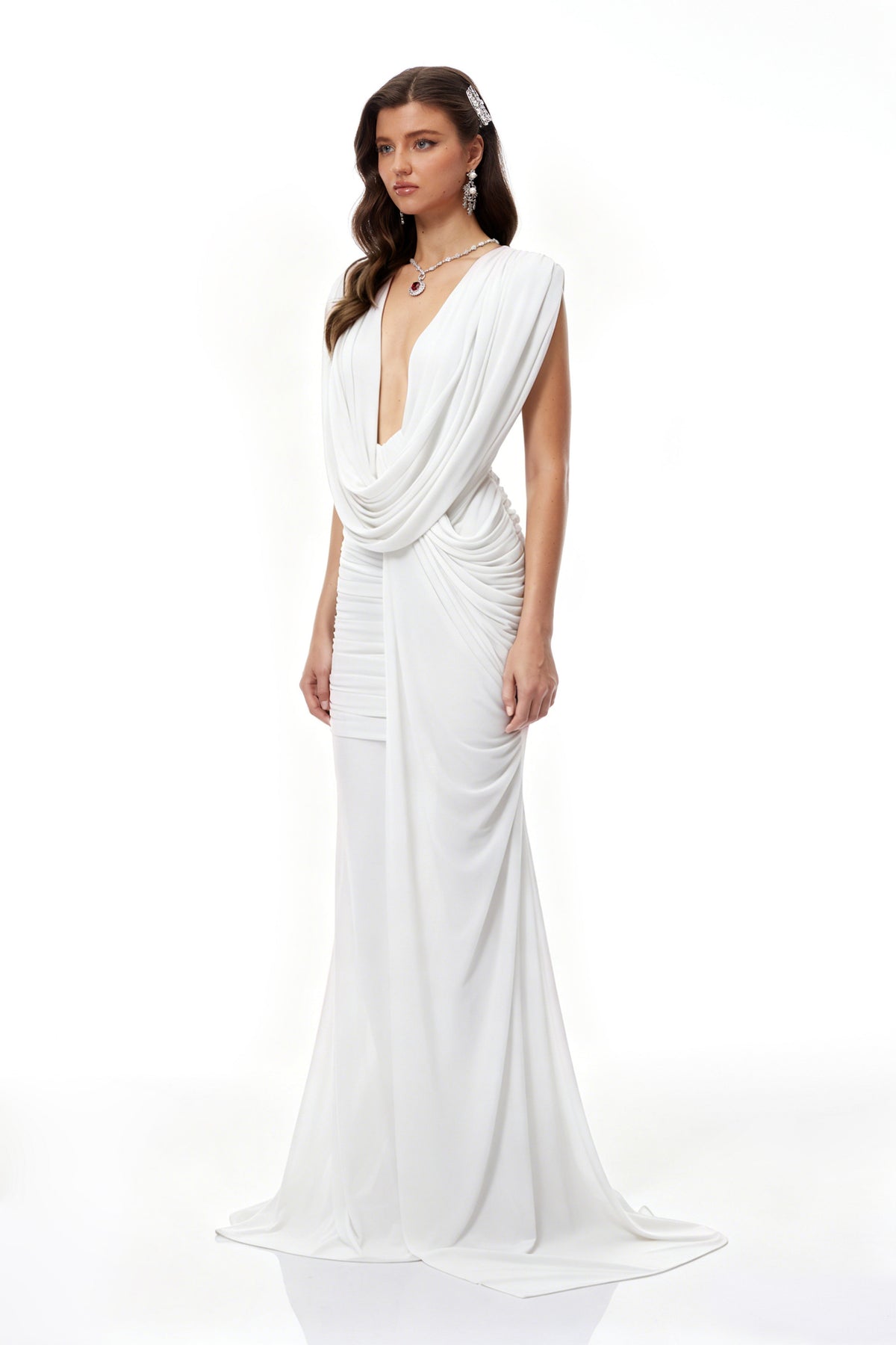 Fíona White Asymmetrical Draped Maxi Gown