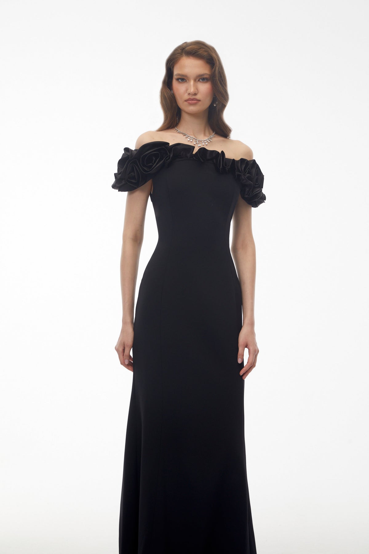 Fiorella Black Off Shoulder Maxi Dress with 3D Florals