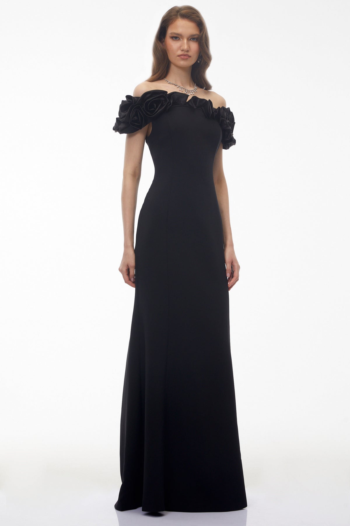 Fiorella Black Off Shoulder Maxi Dress with 3D Florals (Final Sale)