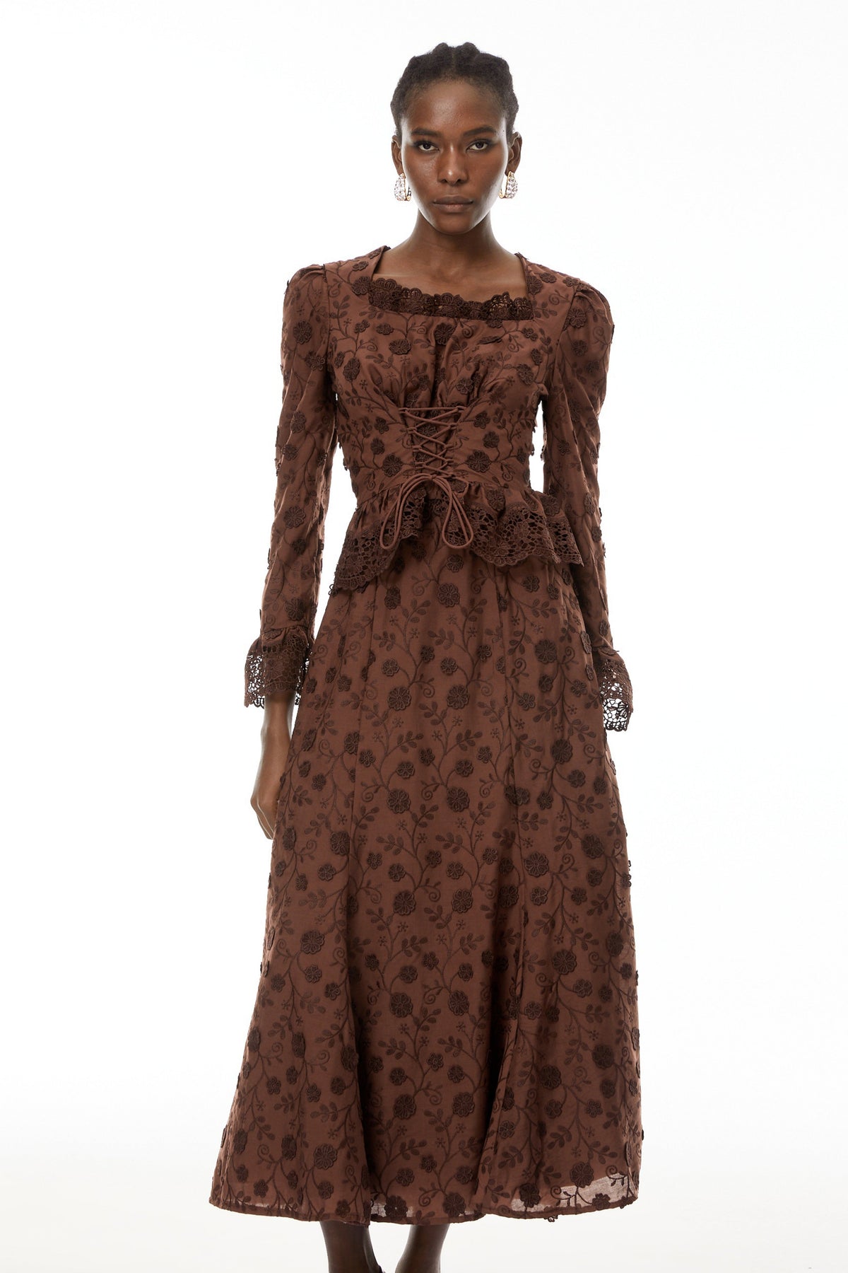 Fiorenza Brown Floral Lace Blouse & Skirt Set
