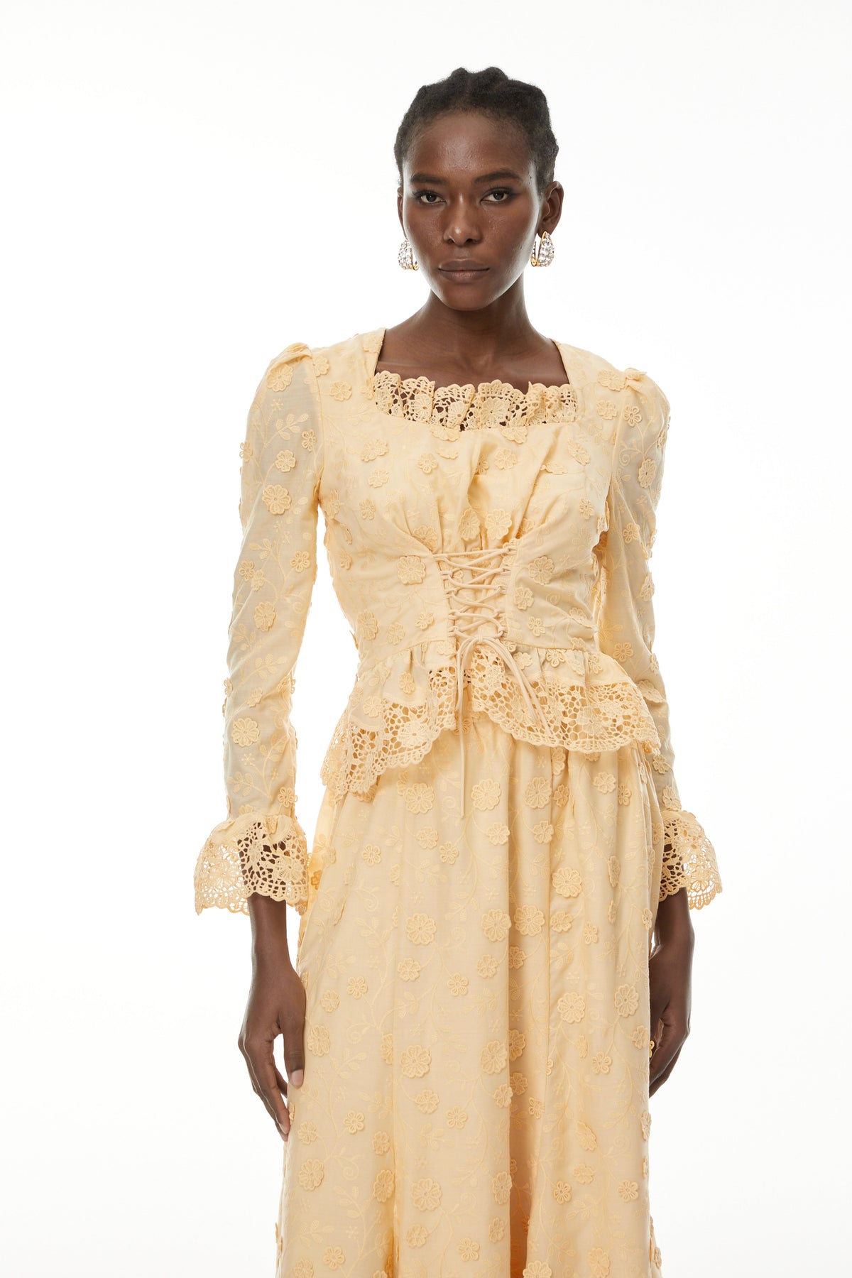 Fiorenza Neutrals Floral Lace Blouse & Skirt Set (Final Sale)