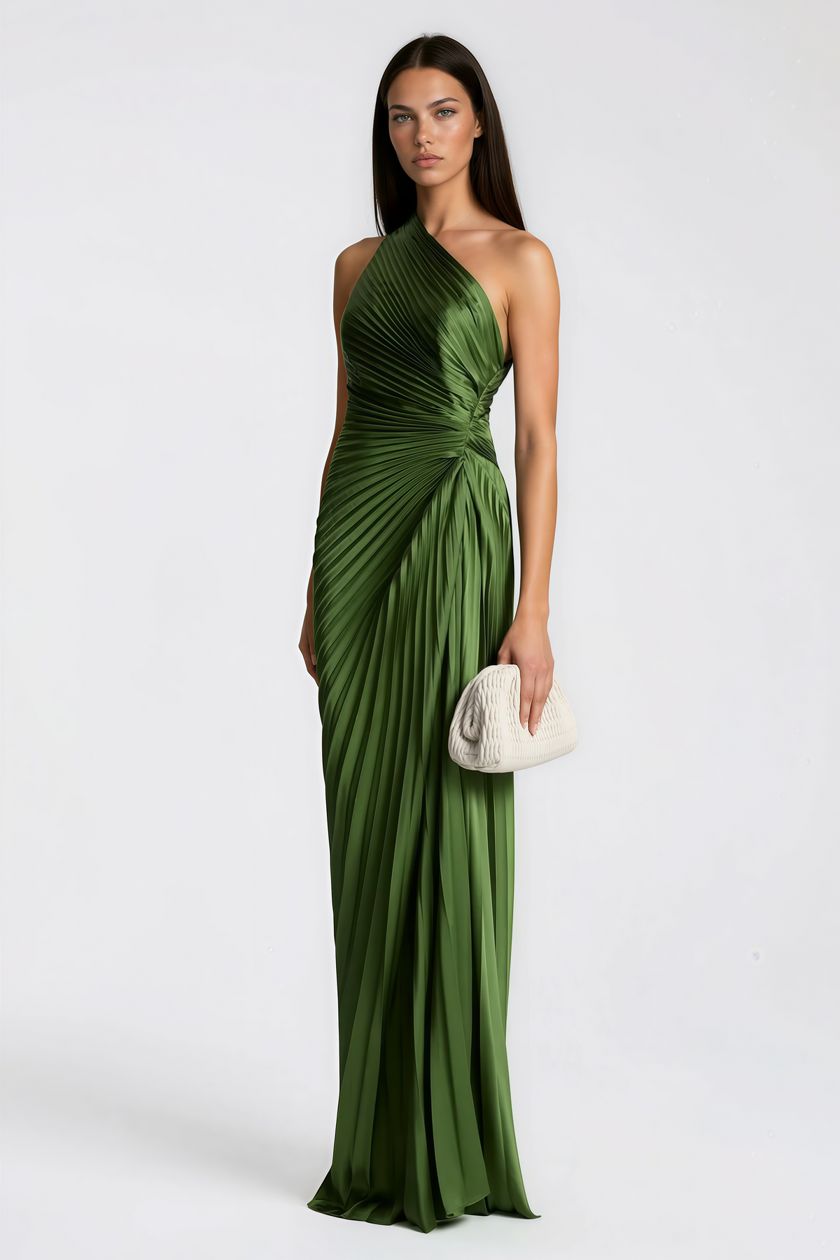 Firoozeh Emerald Green One Shoulder Pleated Maxi Dress