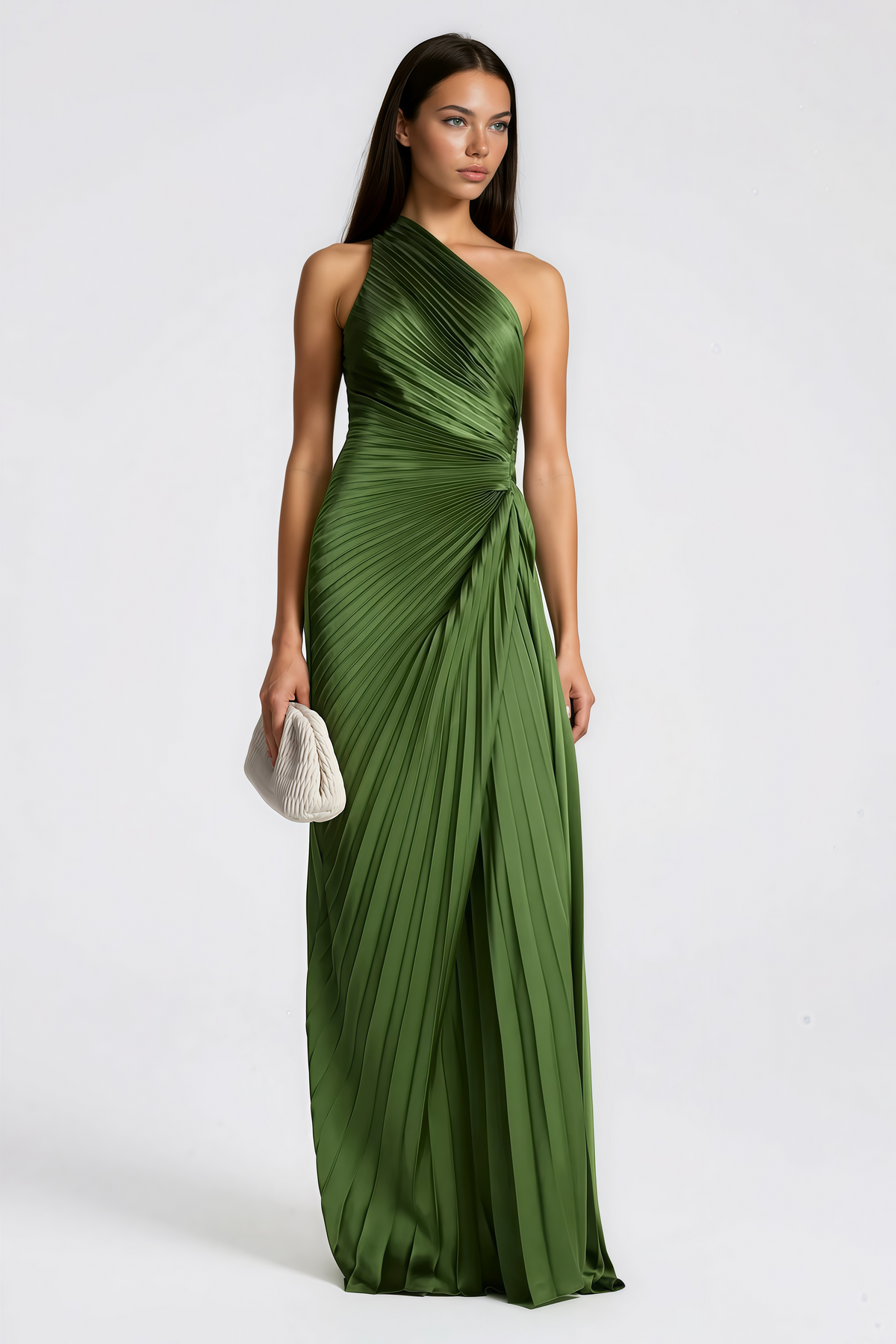 Firoozeh Emerald Green One Shoulder Pleated Maxi Dress
