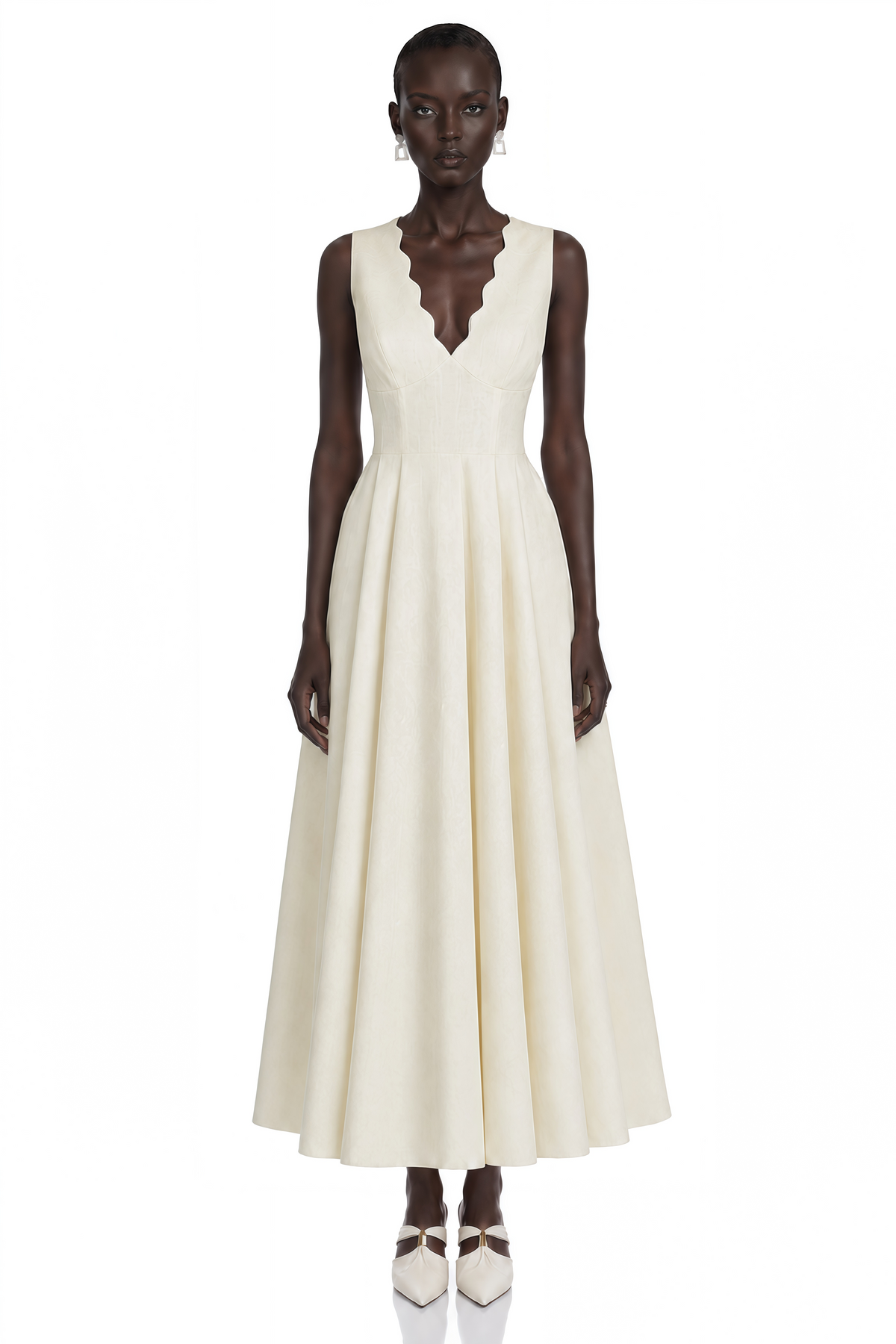 Florence Cream V-Neck Flared Satin Maxi Dress