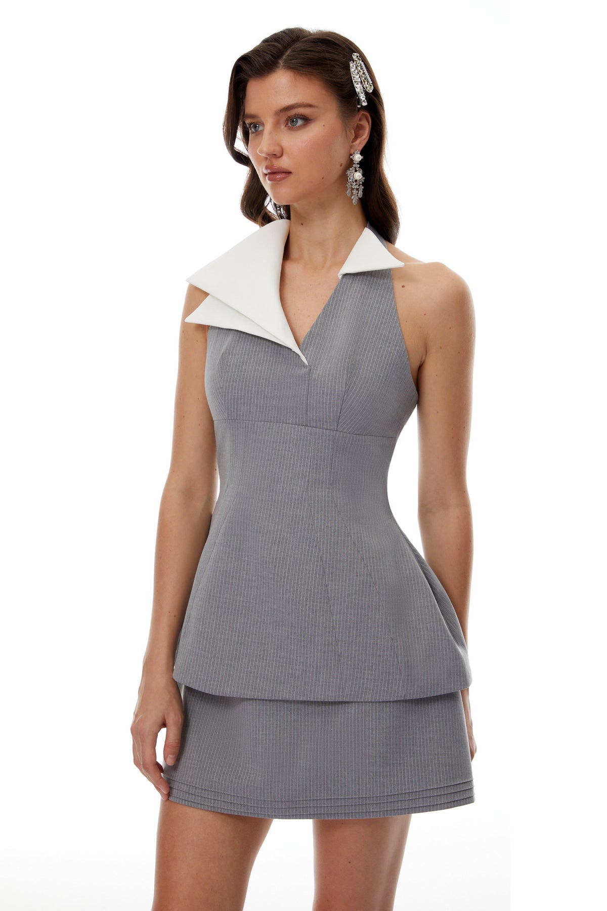 Florence Grey Triangle Collar Top & Skirt Matching Set