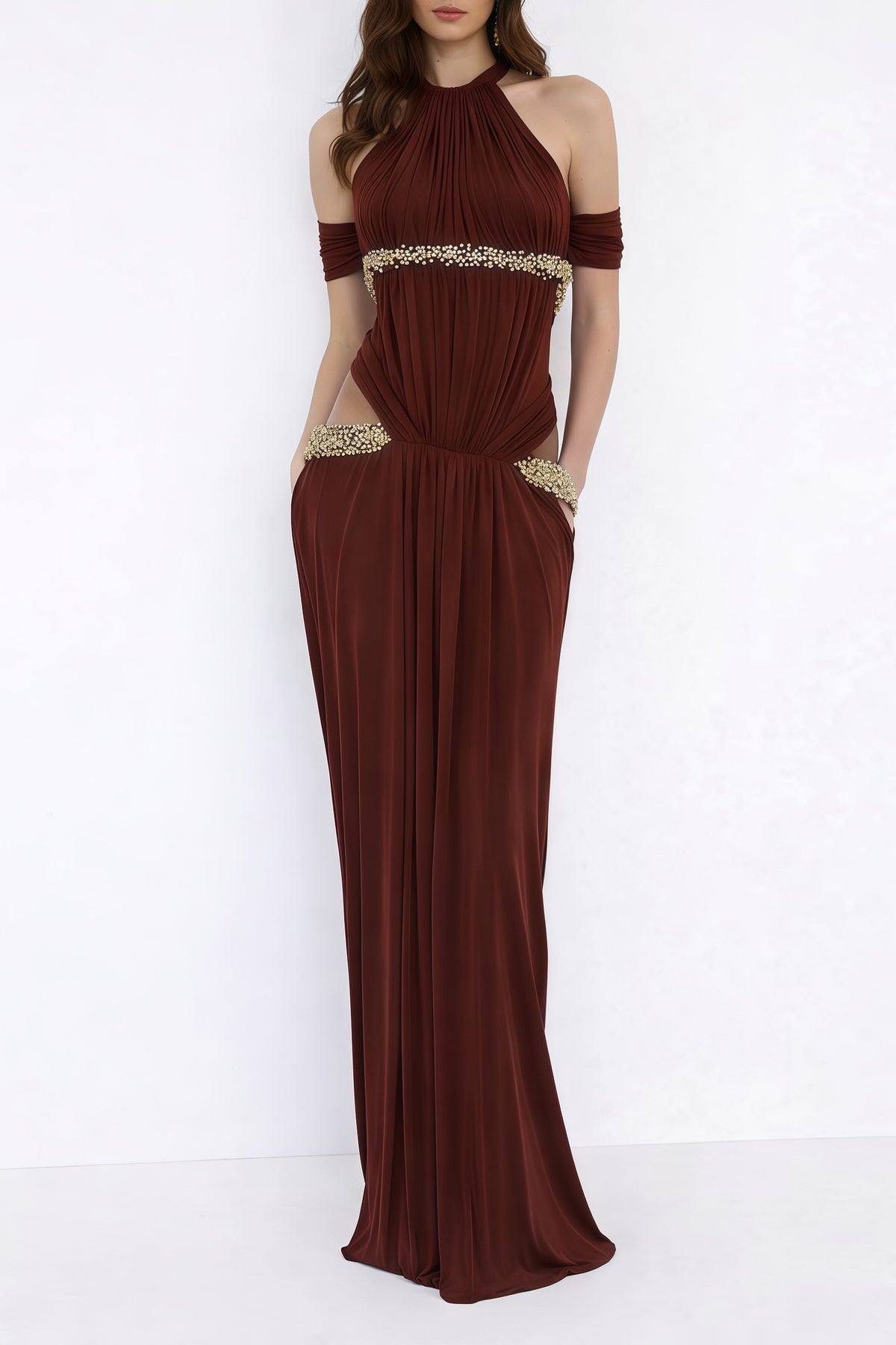 Frankie Red Halterneck Crystal Embellished Maxi Dress