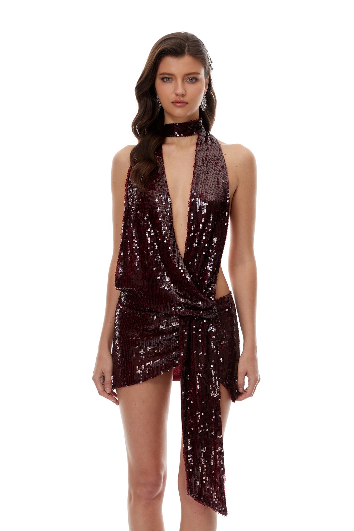 Frida Burgundy Deep V-Neck Sequin Mini Dress