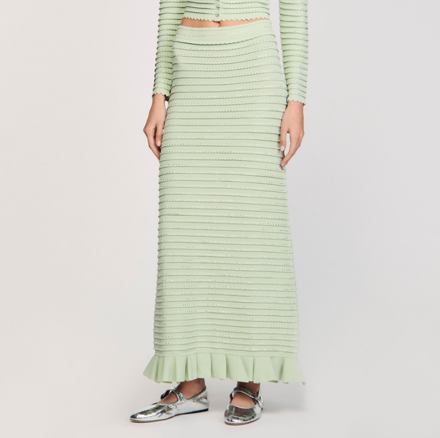SANDRO SERAPHINA RHINESTONE FANCY KNIT CARDIGAN & MAXI SKIRT SET – MINT GREEN