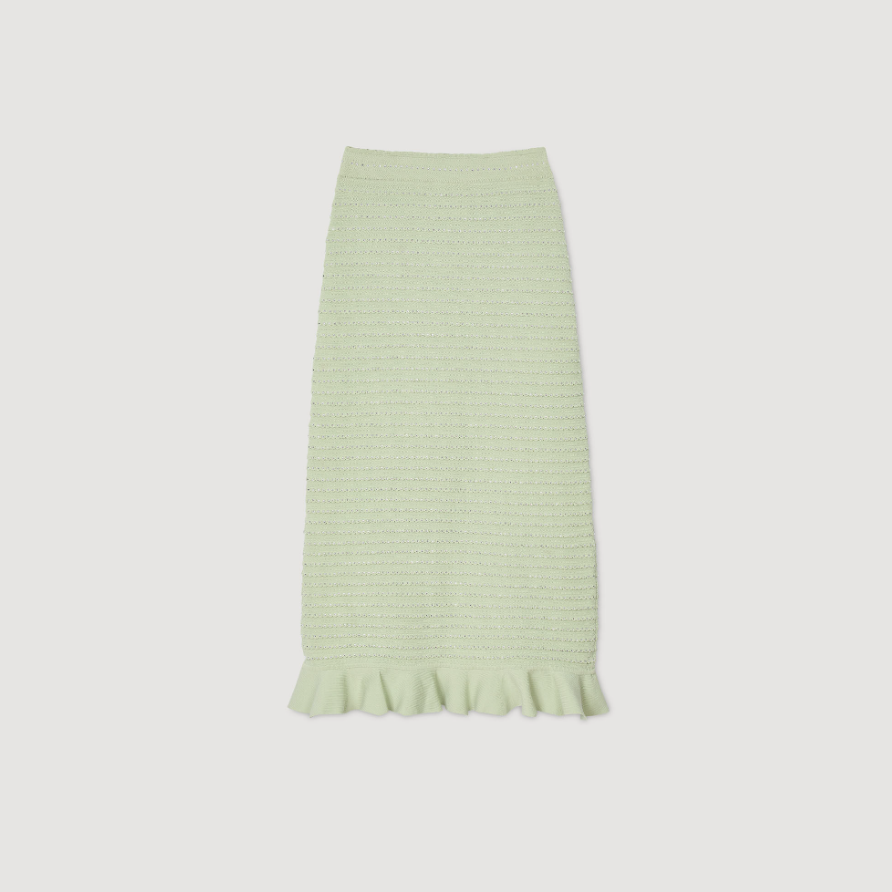 SANDRO SERAPHINA RHINESTONE FANCY KNIT CARDIGAN & MAXI SKIRT SET – MINT GREEN