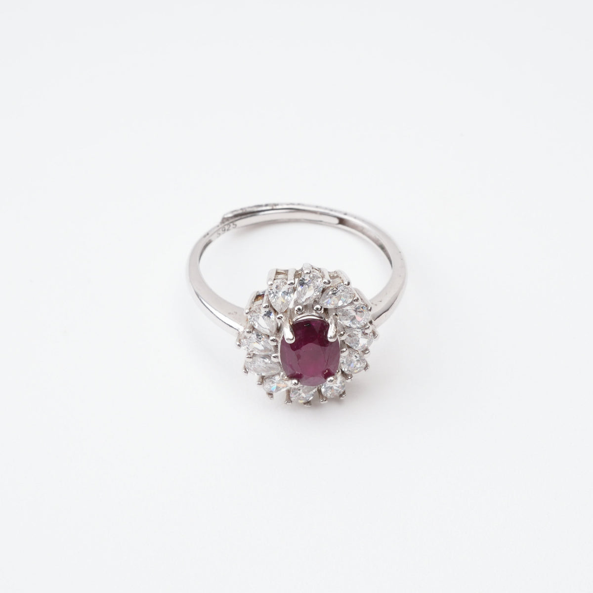 Gabrielle Ruby Floral Halo Sterling Silver Ring