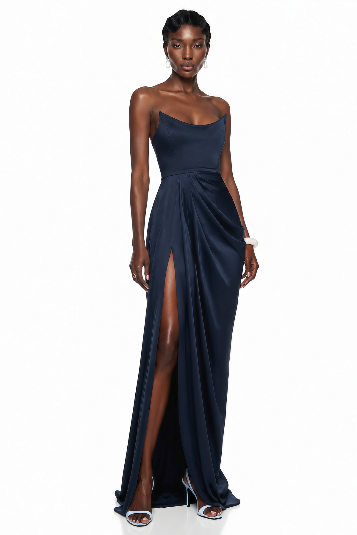 Gamze Navy Blue Draped Maxi Dress with High Slit
