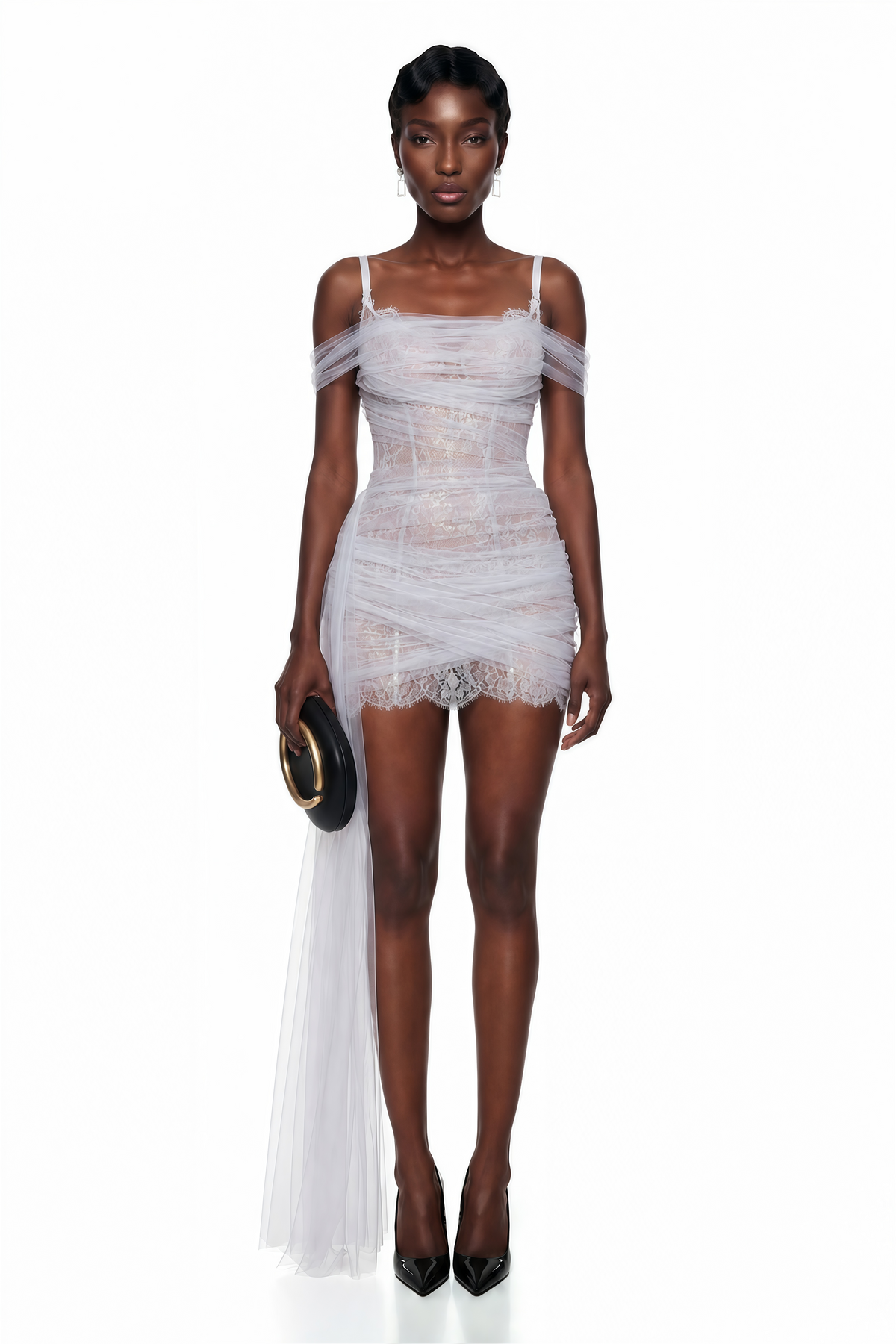 Genesis Slate Blue Ruched Mini Dress with Lace Panels