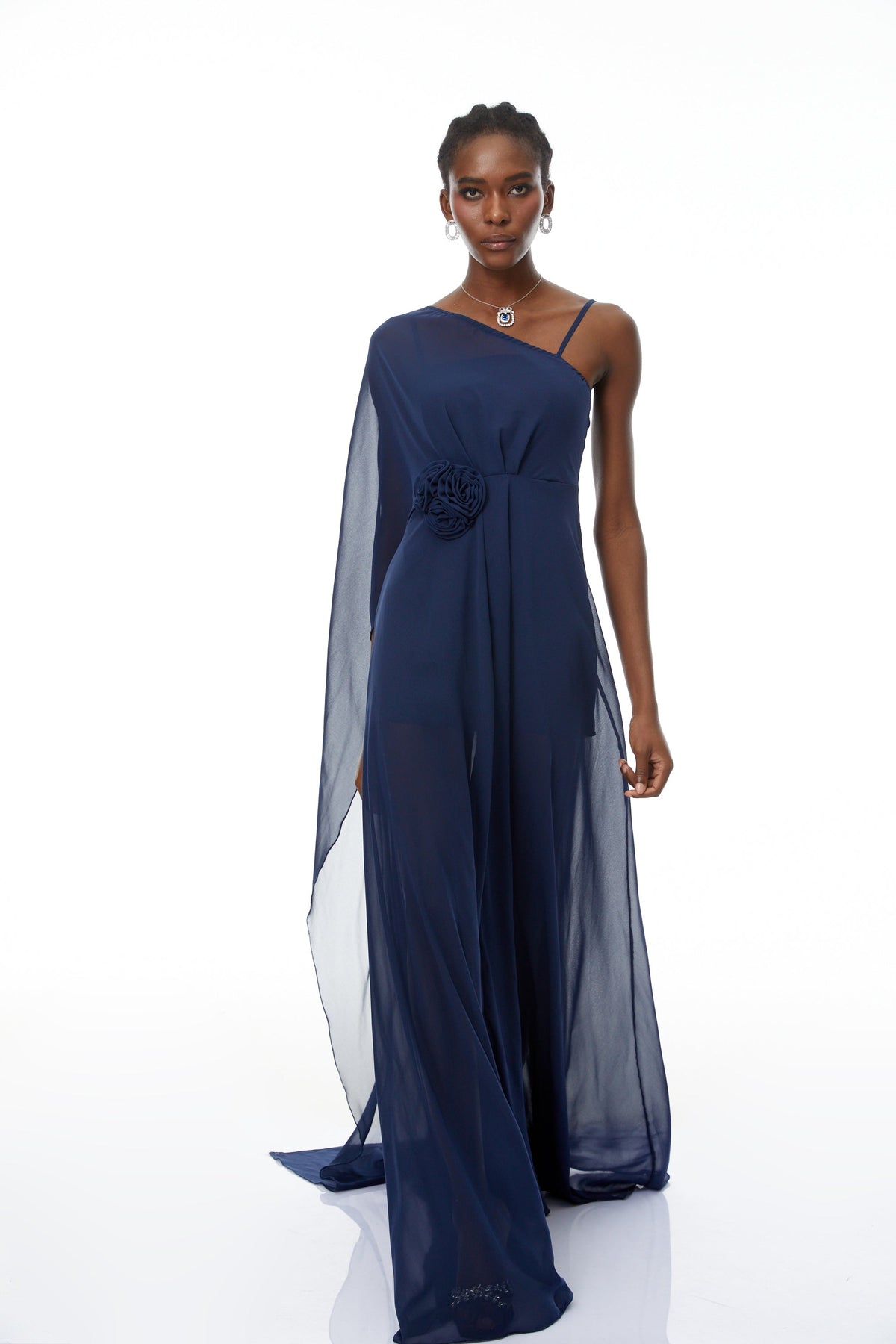 Ginevra Navy One Shoulder Cape Maxi Gown
