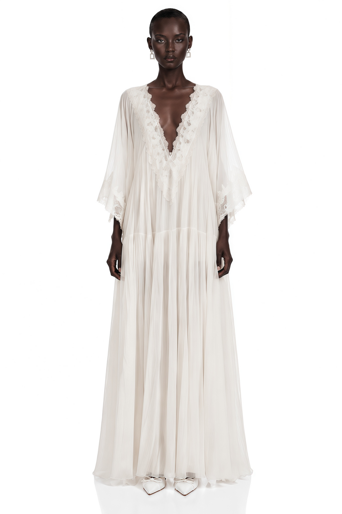 Giovanna White V-Neck Maxi Dress with Lace Trim