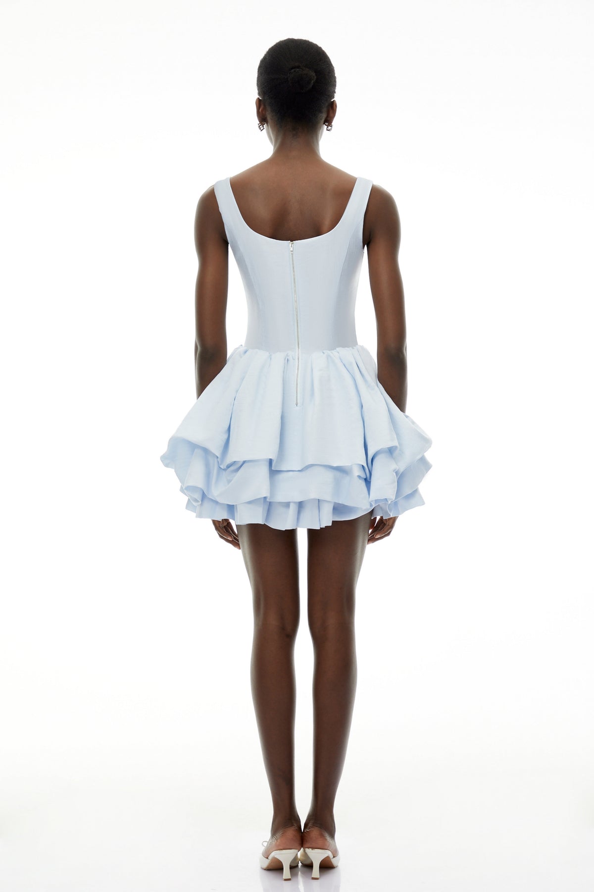 Giselle Dusty Blue Square Neck Tiered Mini Dress