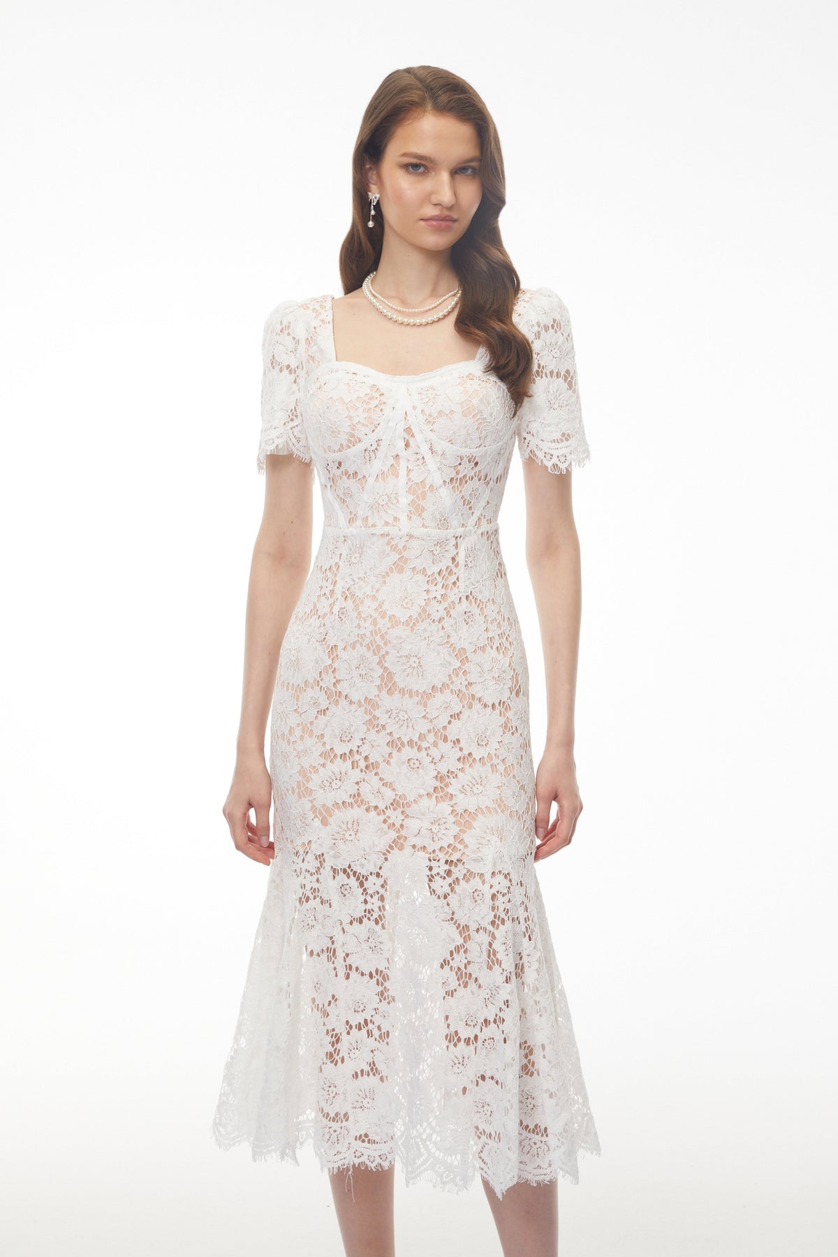 Giselle White Puff Sleeve Floral Lace Midi Dress