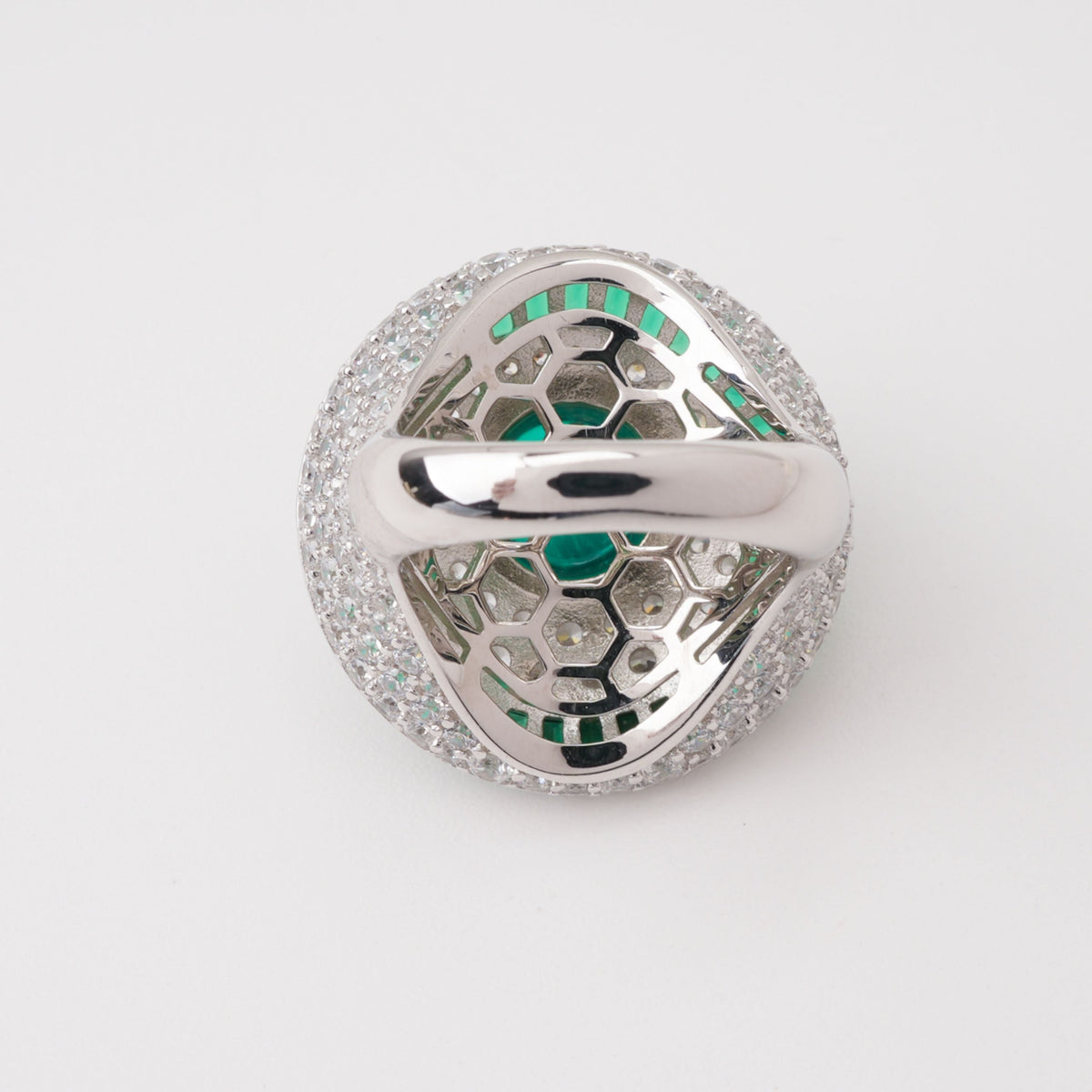Gamze Green Emerald Cabochon Baguette Halo Pavé Crystal Sterling Silver Ring