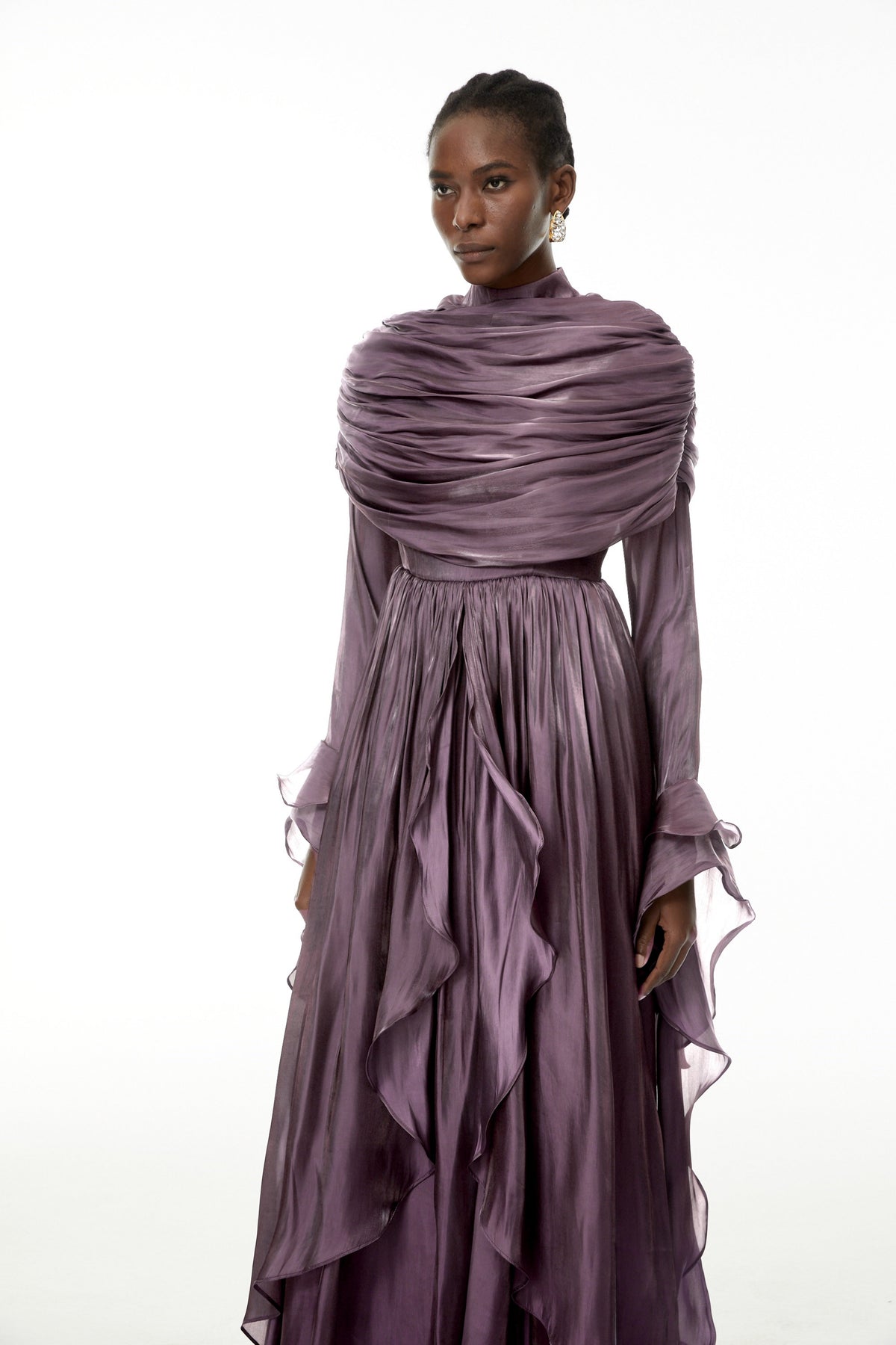 Gustave Purple Ruched Cape Ruffled Maxi Dress (Final Sale)