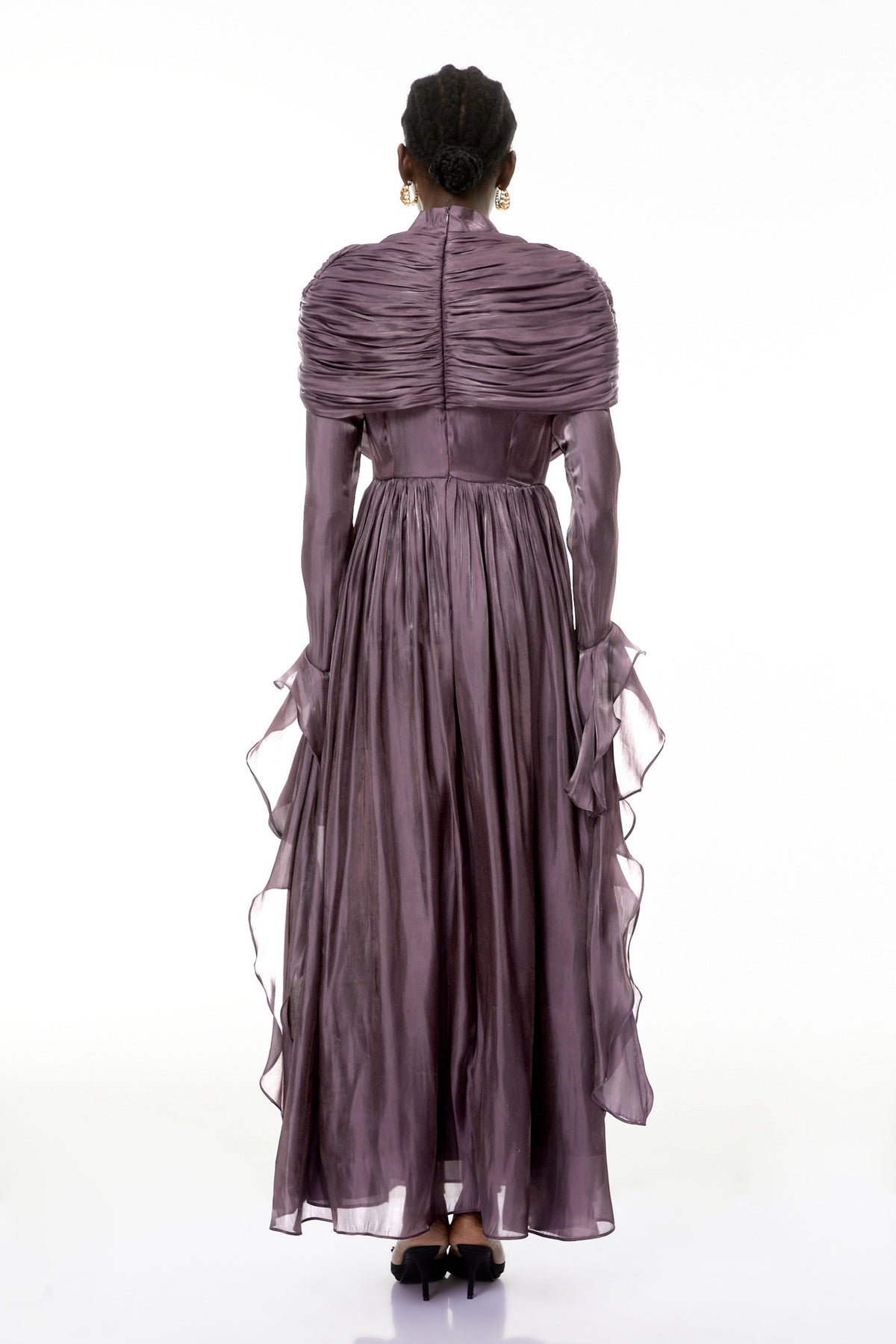 Gustave Purple Ruched Cape Ruffled Maxi Dress (Final Sale)