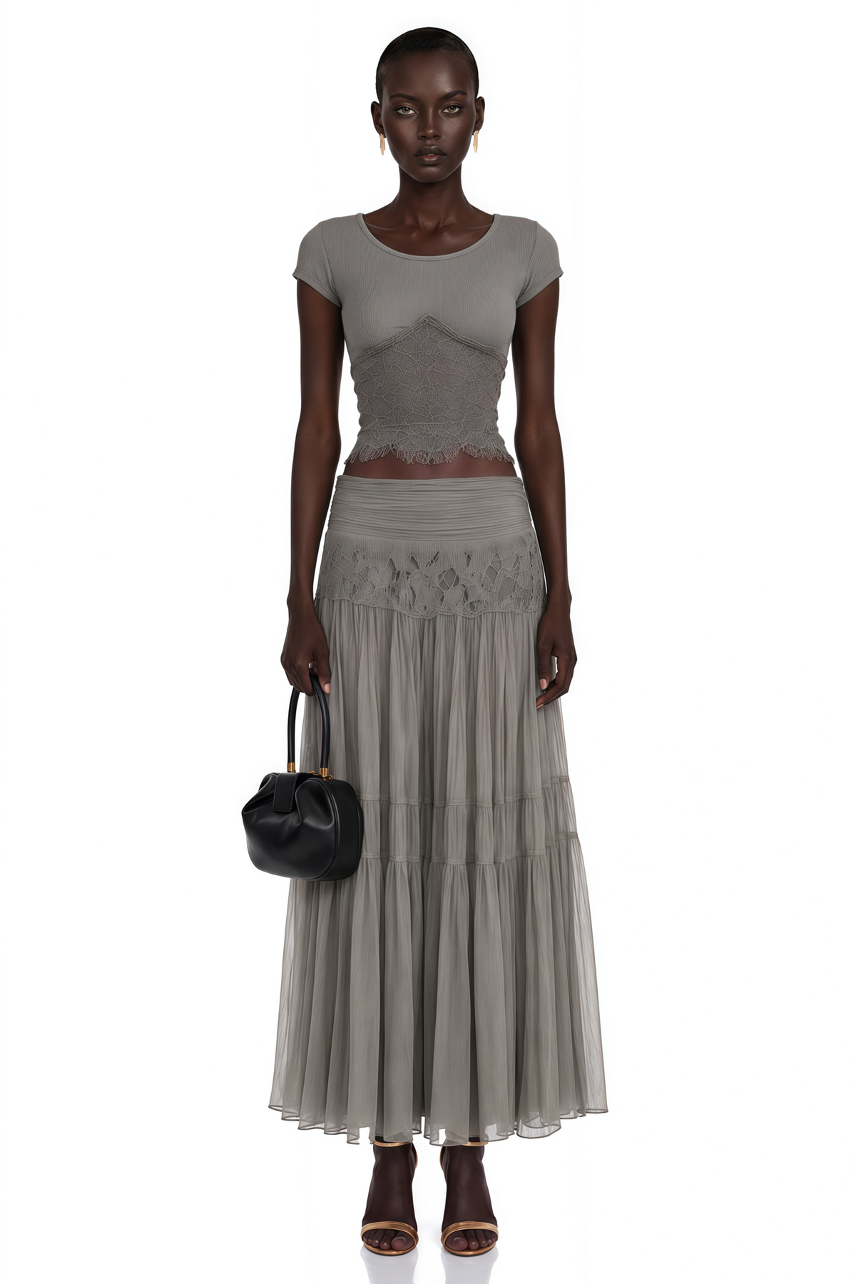 Haast Grey Knit Top & Lace Panel Skirt Set