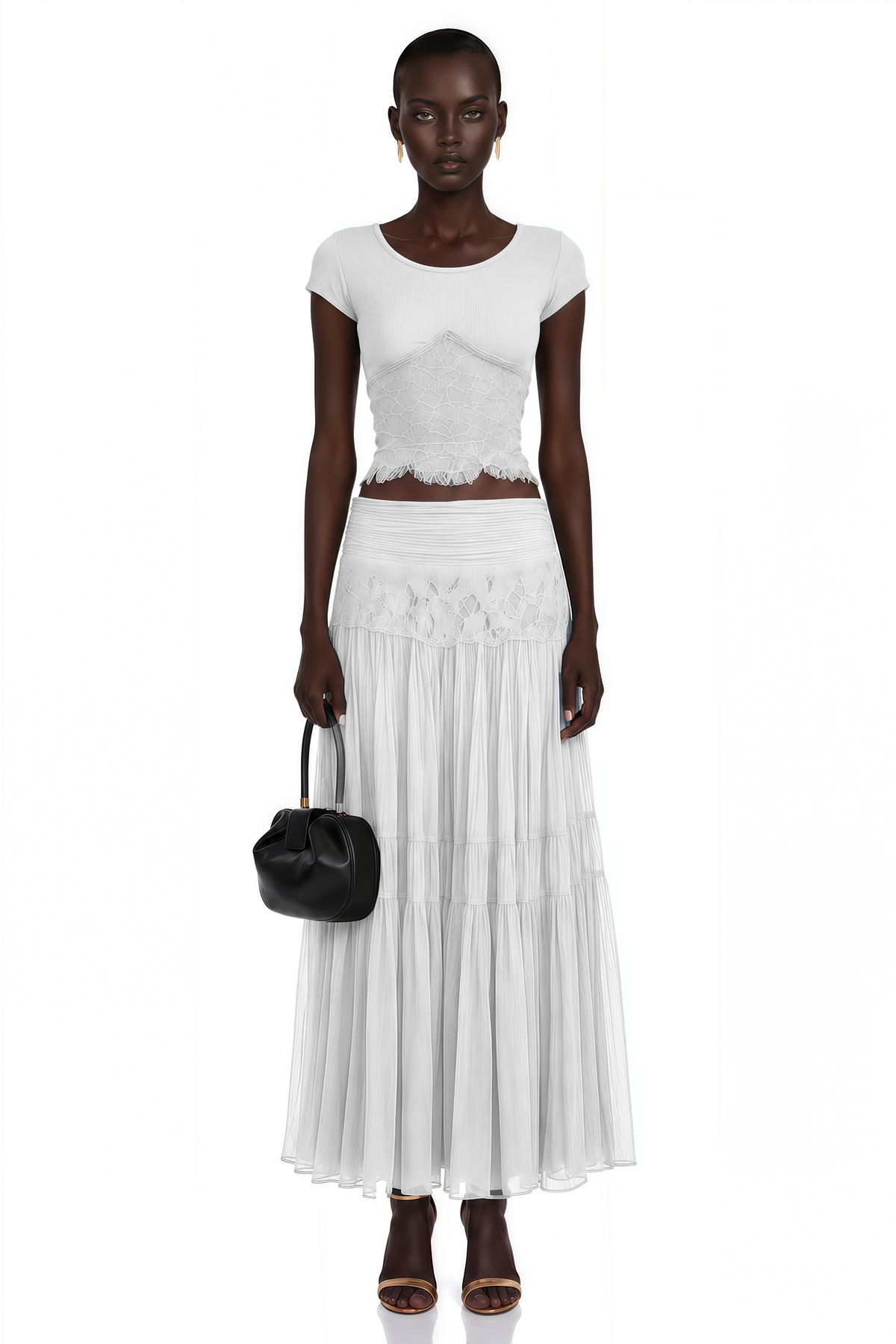 Haast White Knit Top & Lace Panel Skirt Set