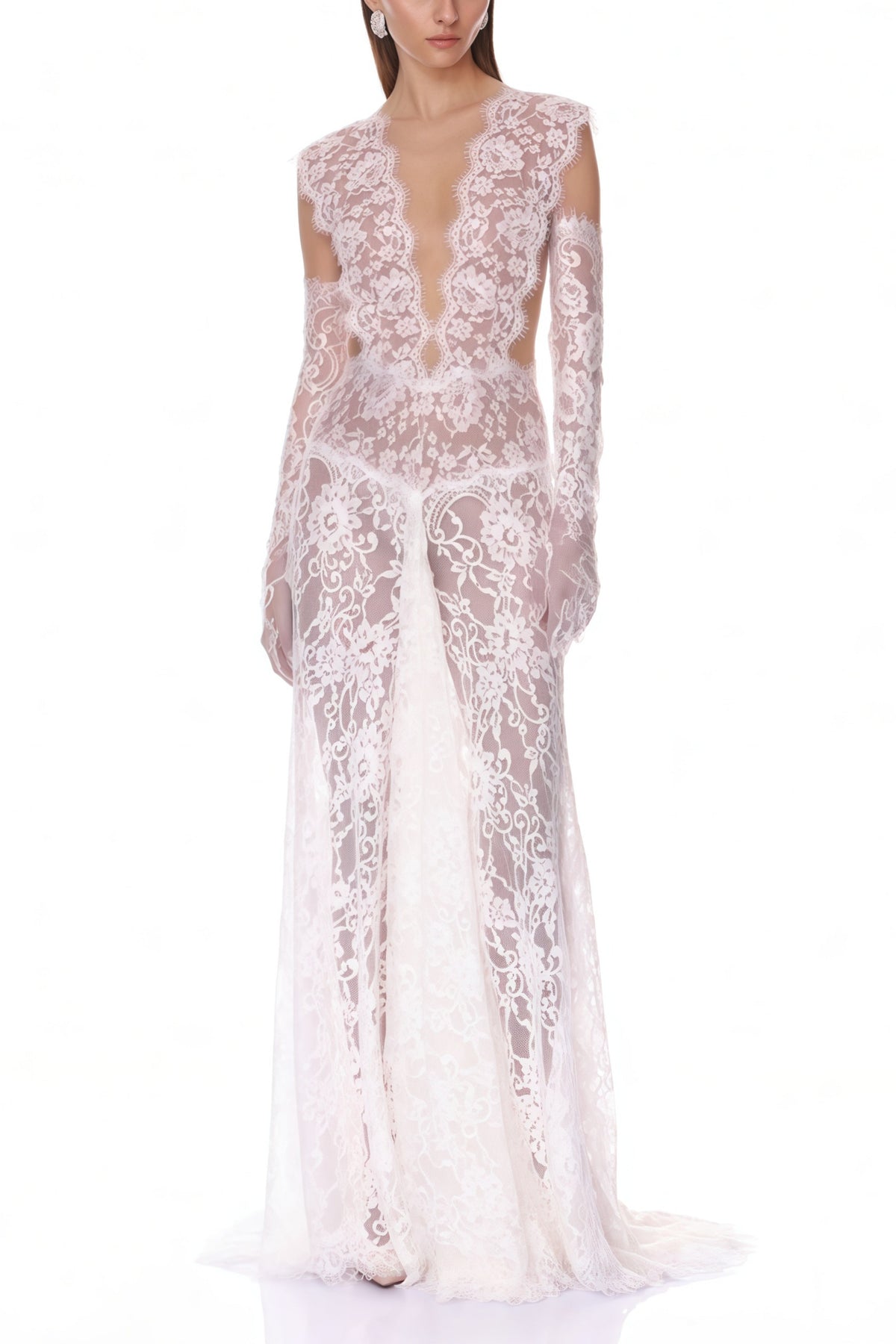 Hanna White Sheer Lace Maxi Dress with Deep V-Neck (Without Gloves) (Final Sale)