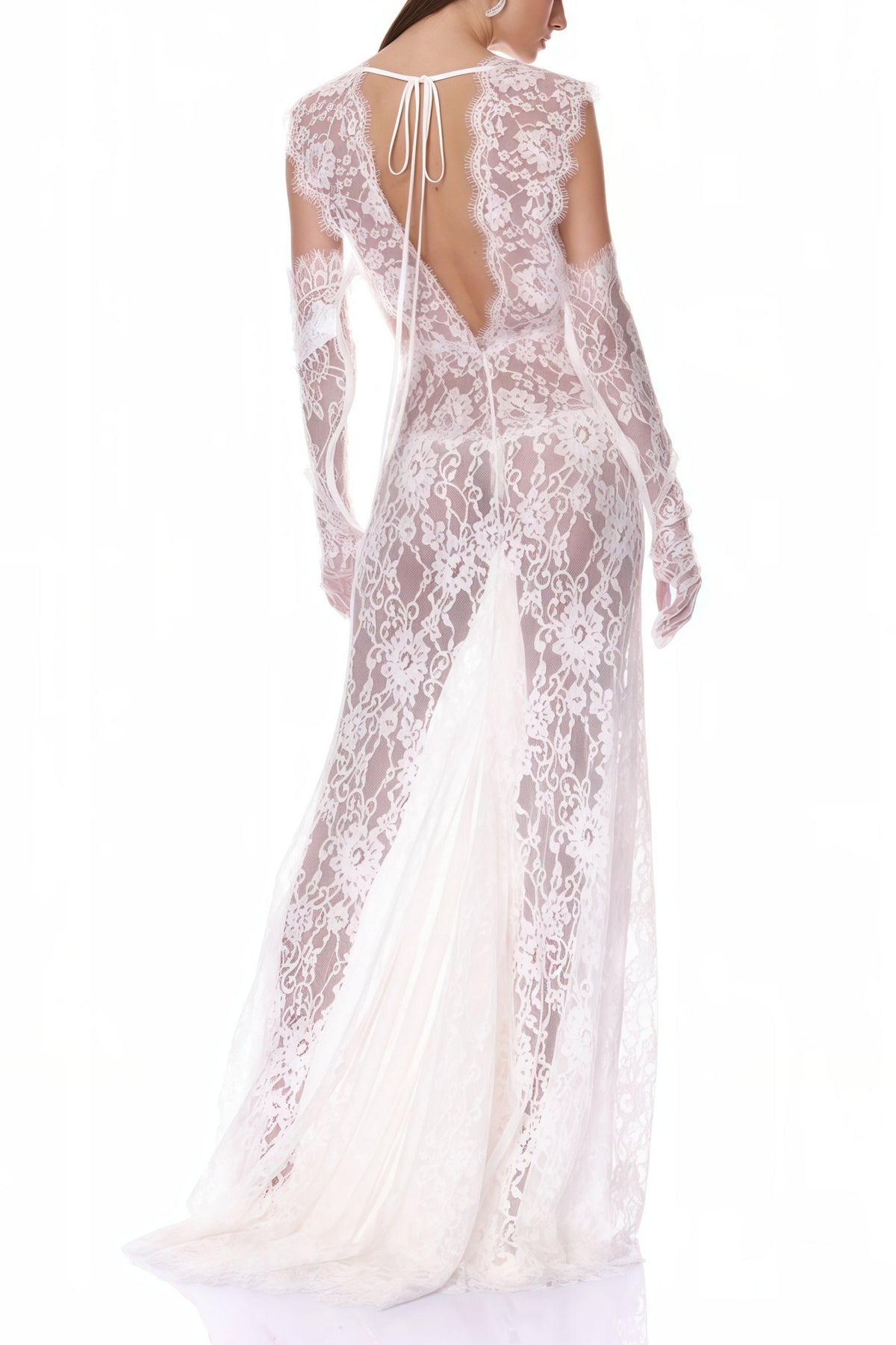 Hanna White Sheer Lace Maxi Dress with Deep V-Neck (Without Gloves) (Final Sale-US Only)