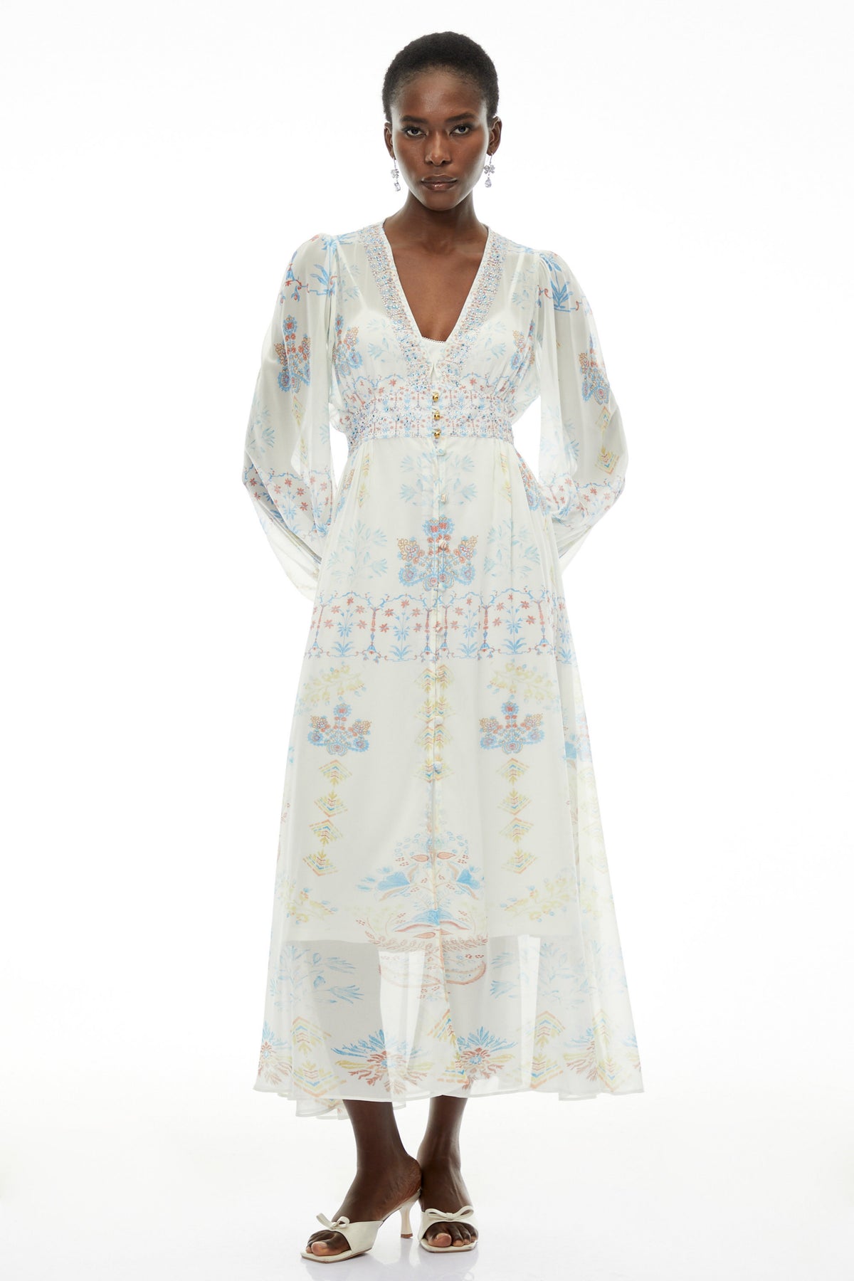 Hannah White Floral Print Chiffon Maxi Dress