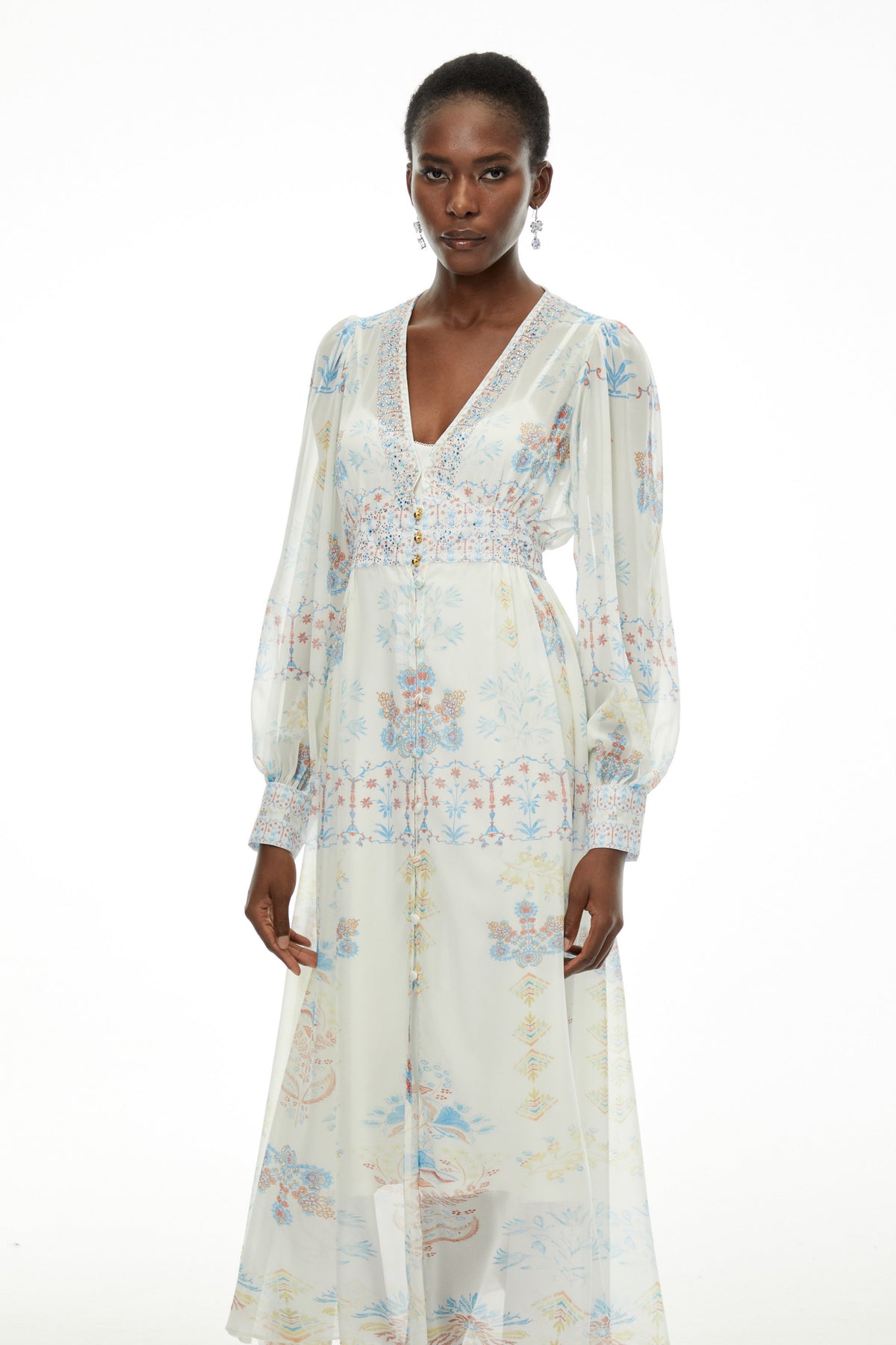 Hannah White Floral Print Chiffon Maxi Dress