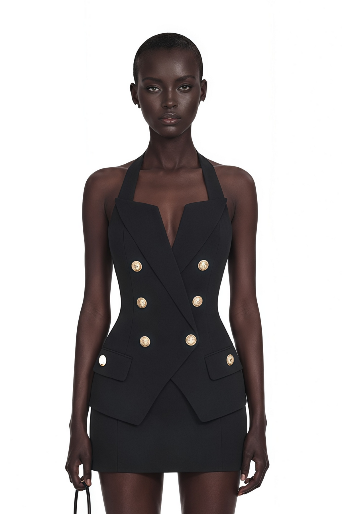 Harper Black Tailored Double-breasted Halterneck Top