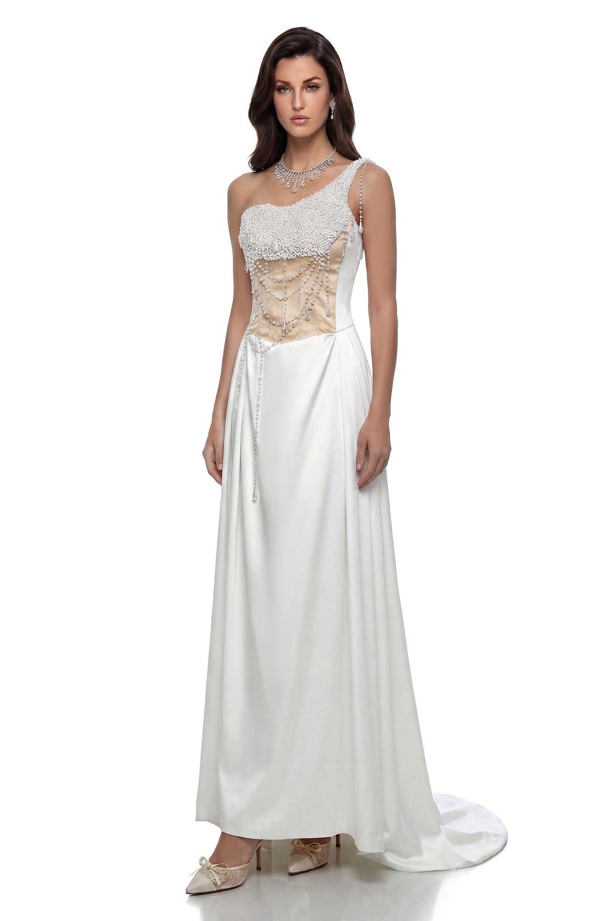 Hasti Cream White Ruched Maxi Dress with Chain Detail