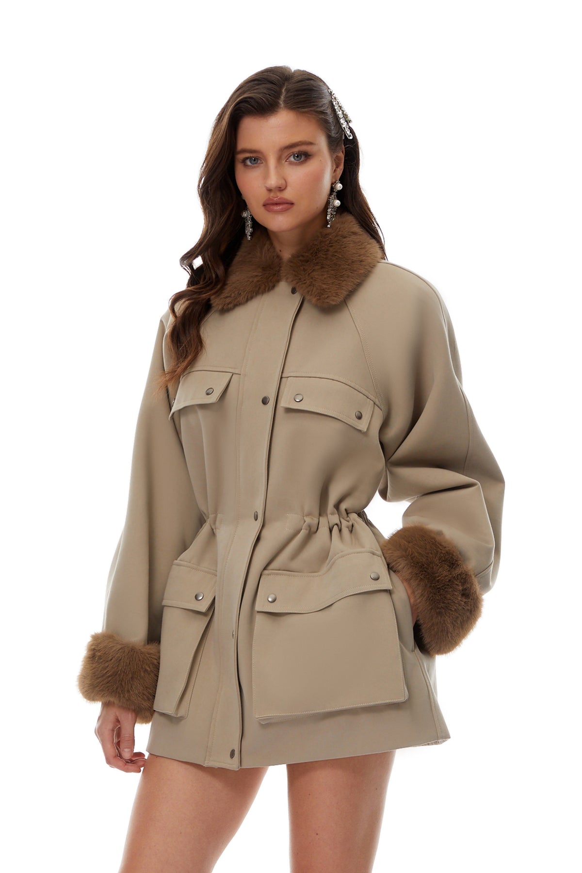 Haven Neutral Faux-Fur Trim Balmoral Jacket