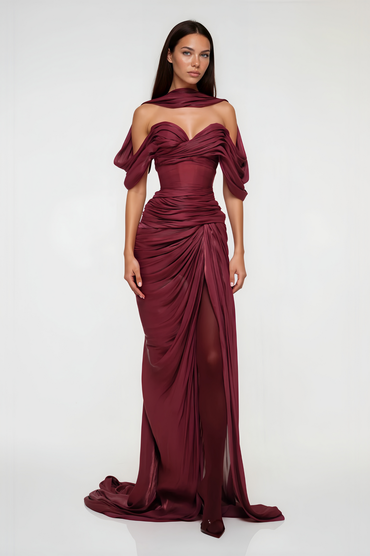 Hazel Burgundy Asymmetrical Draped Maxi Dress