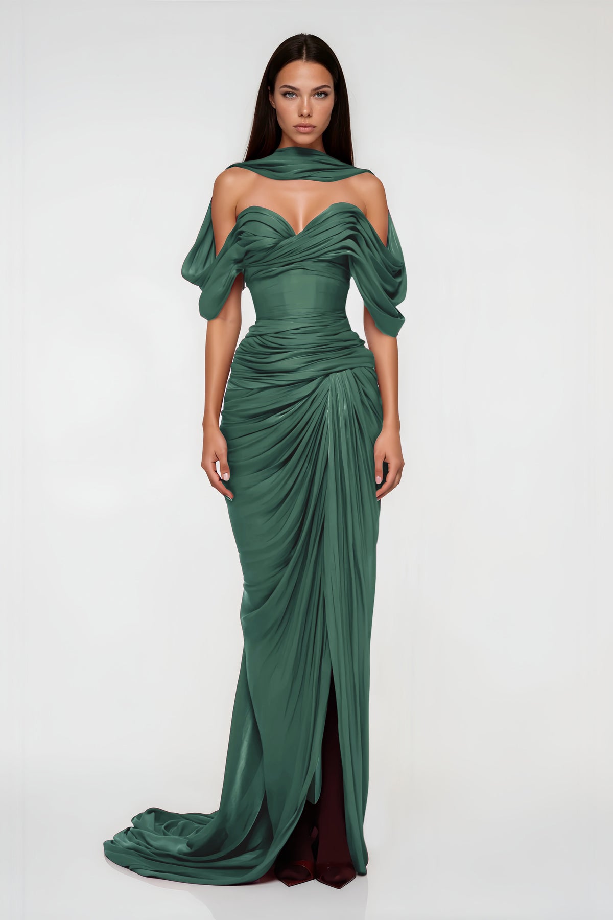 Hazel Green Asymmetrical Draped Maxi Dress