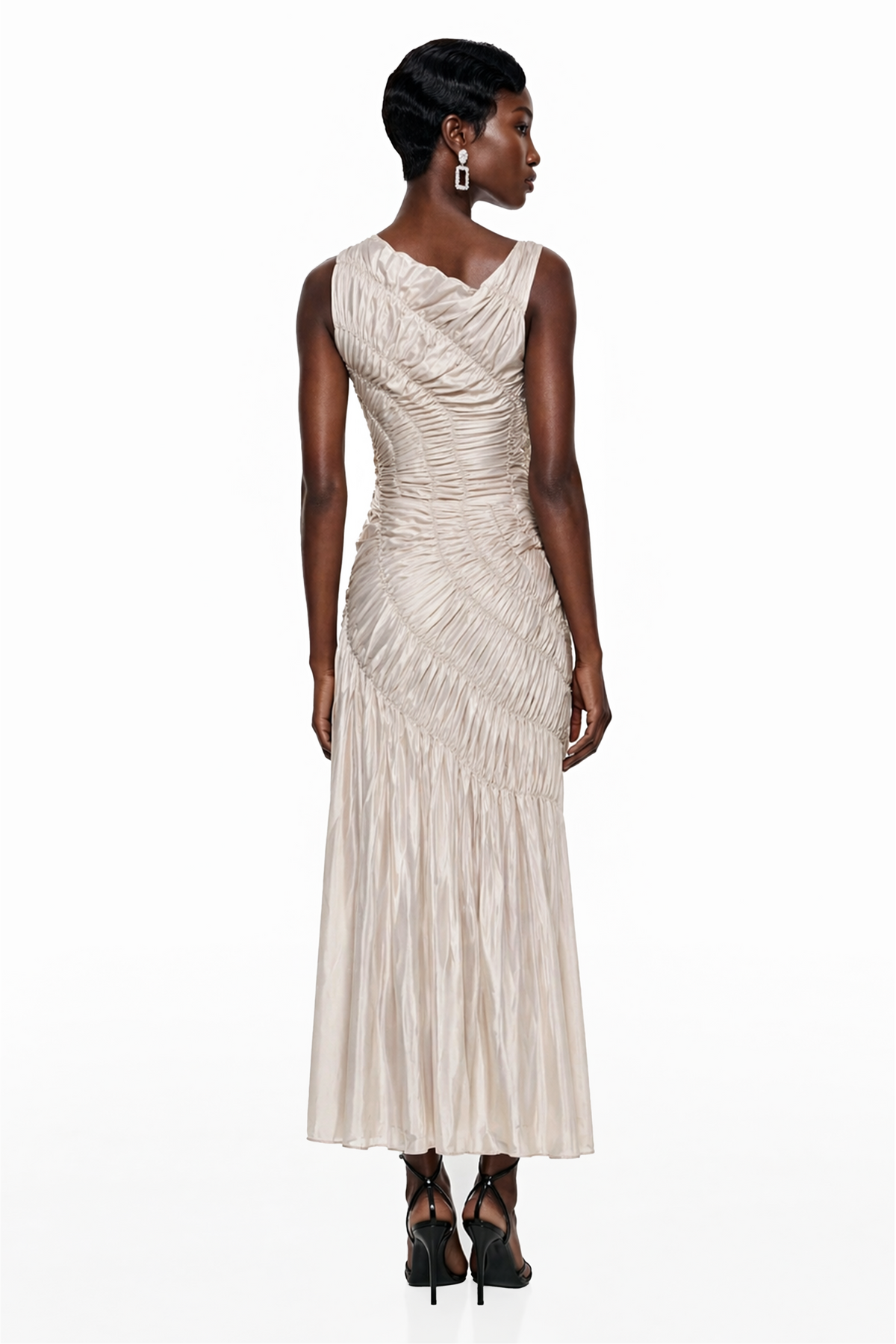 Hestia Champagne Ruched Asymmetrical Maxi Dress