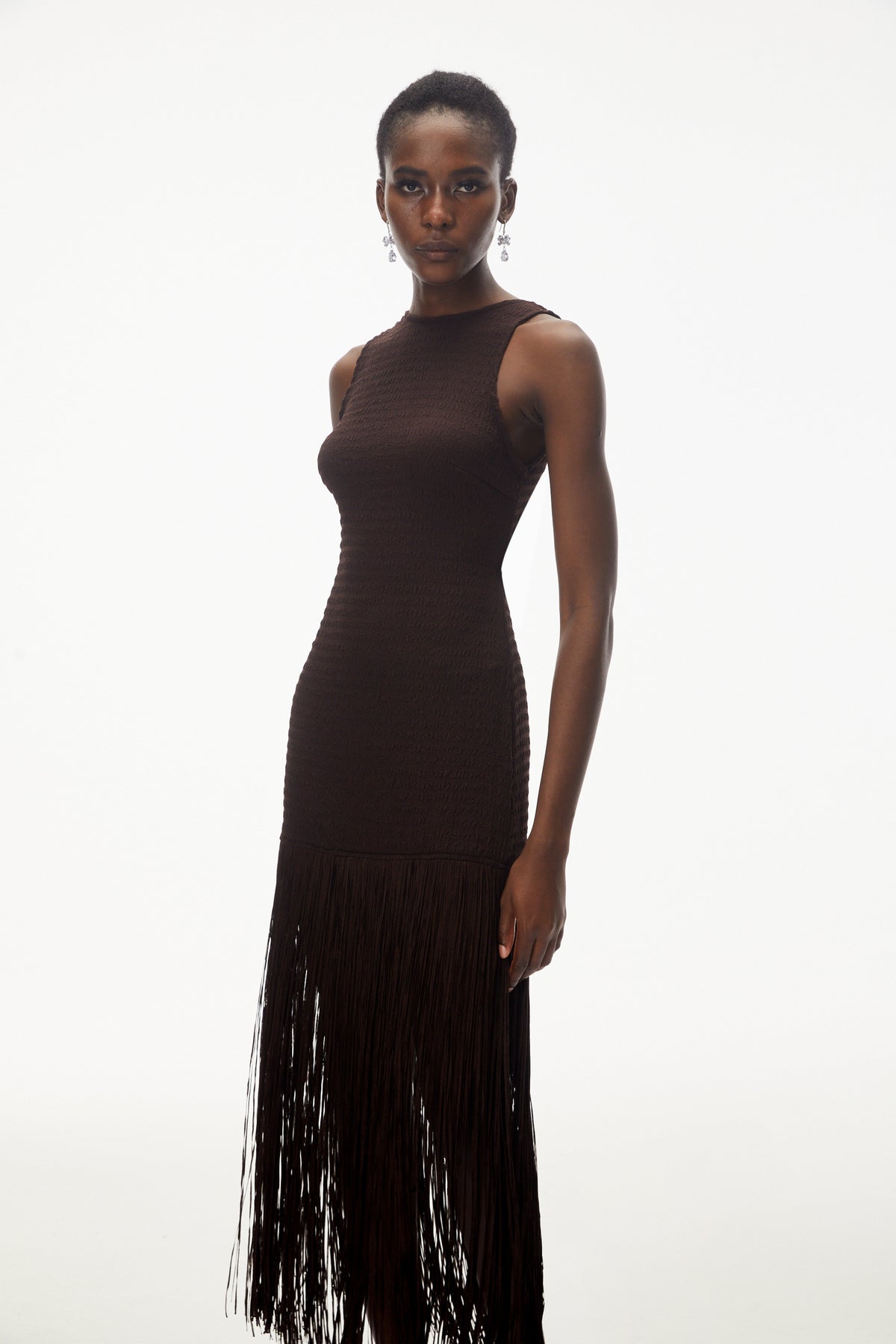 Hestia Chocolate Brown Sleeveless Fringed Maxi Dress