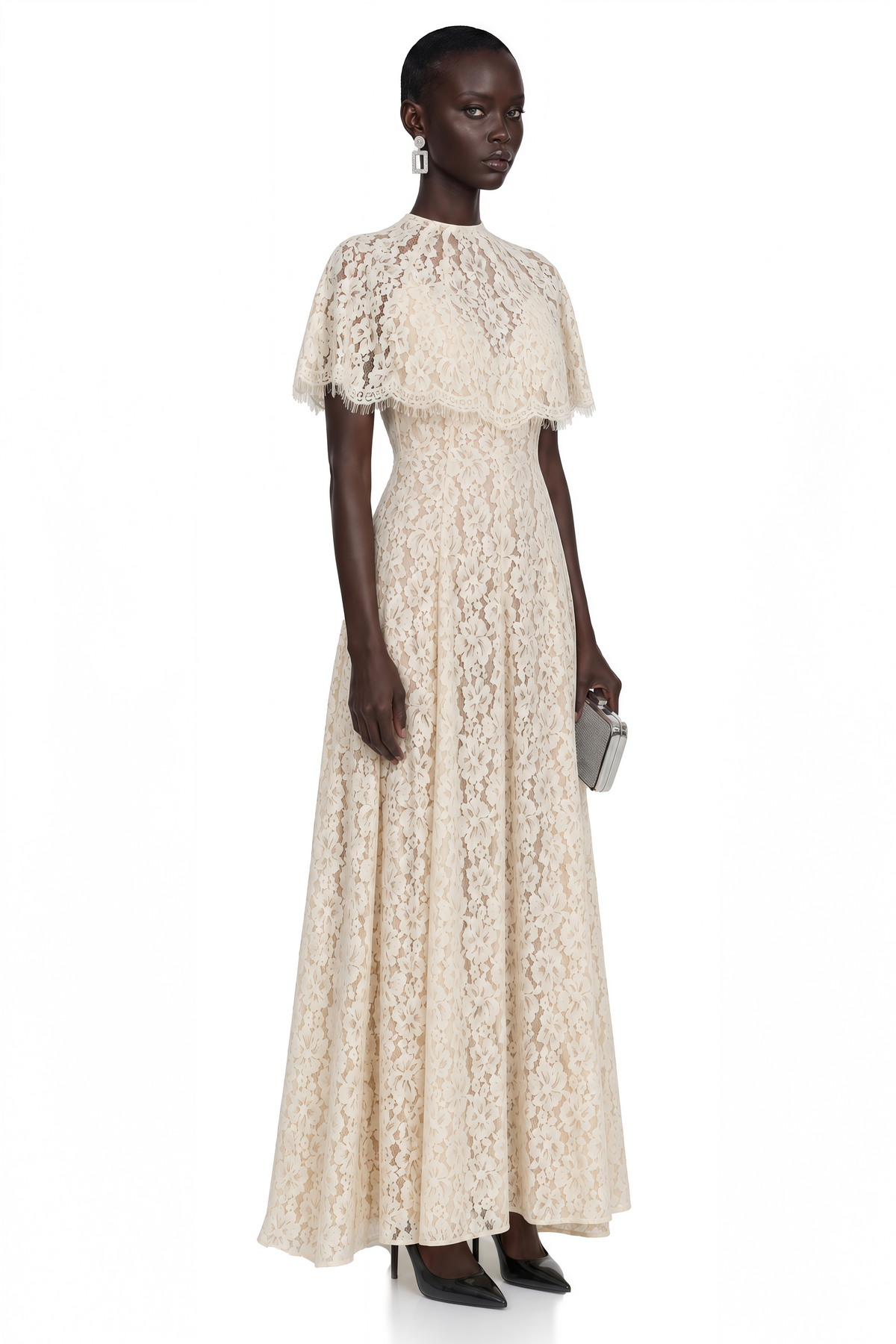 Hikawera White Lace Maxi Dress with Cape