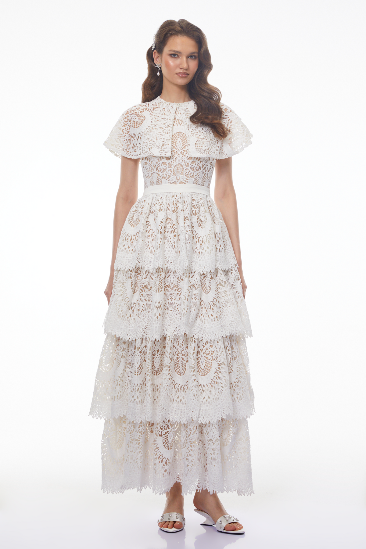 Homa White Tiered Lace Maxi Dress with Cape