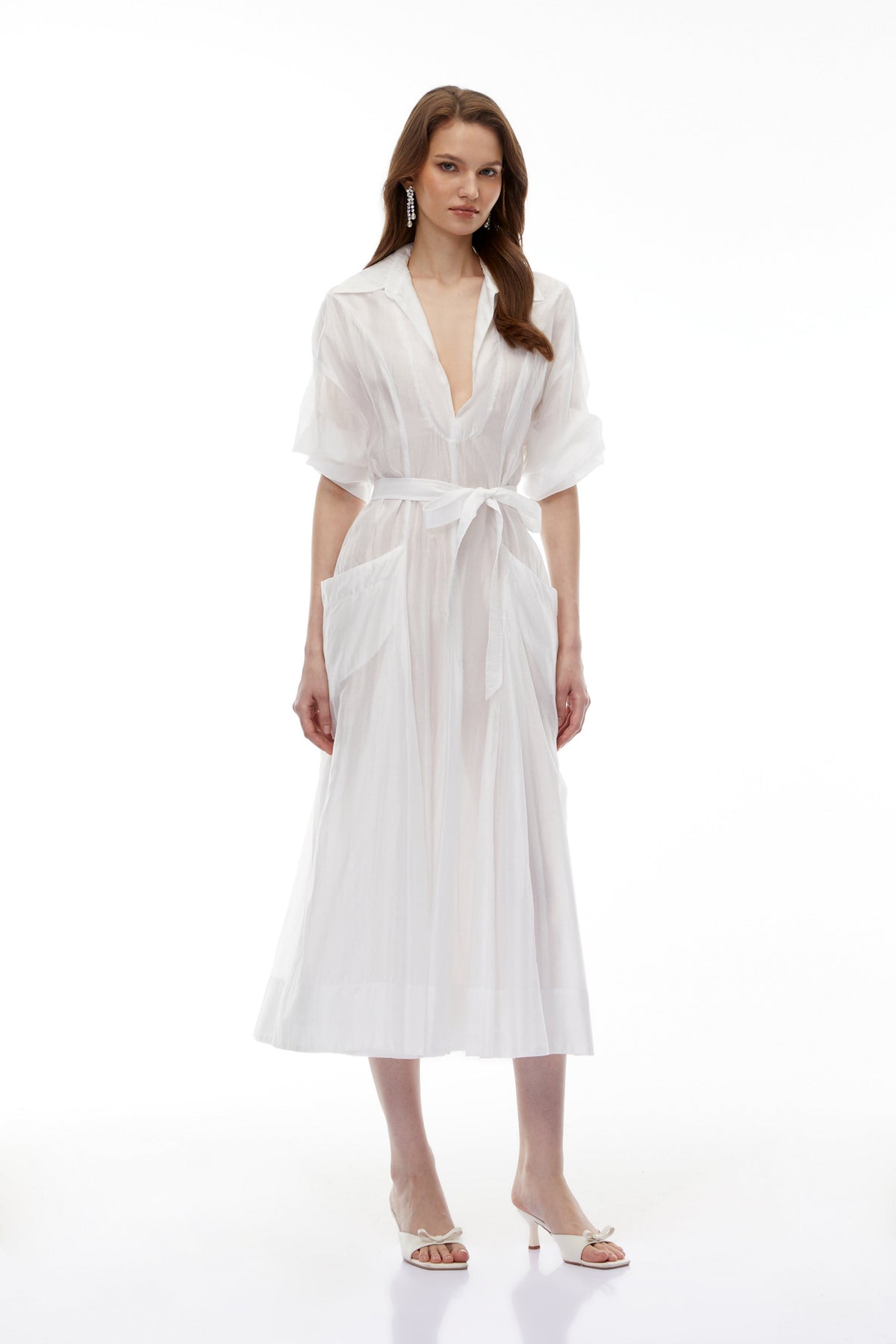 Hortensia White Plunge Neck Flared Maxi Dress