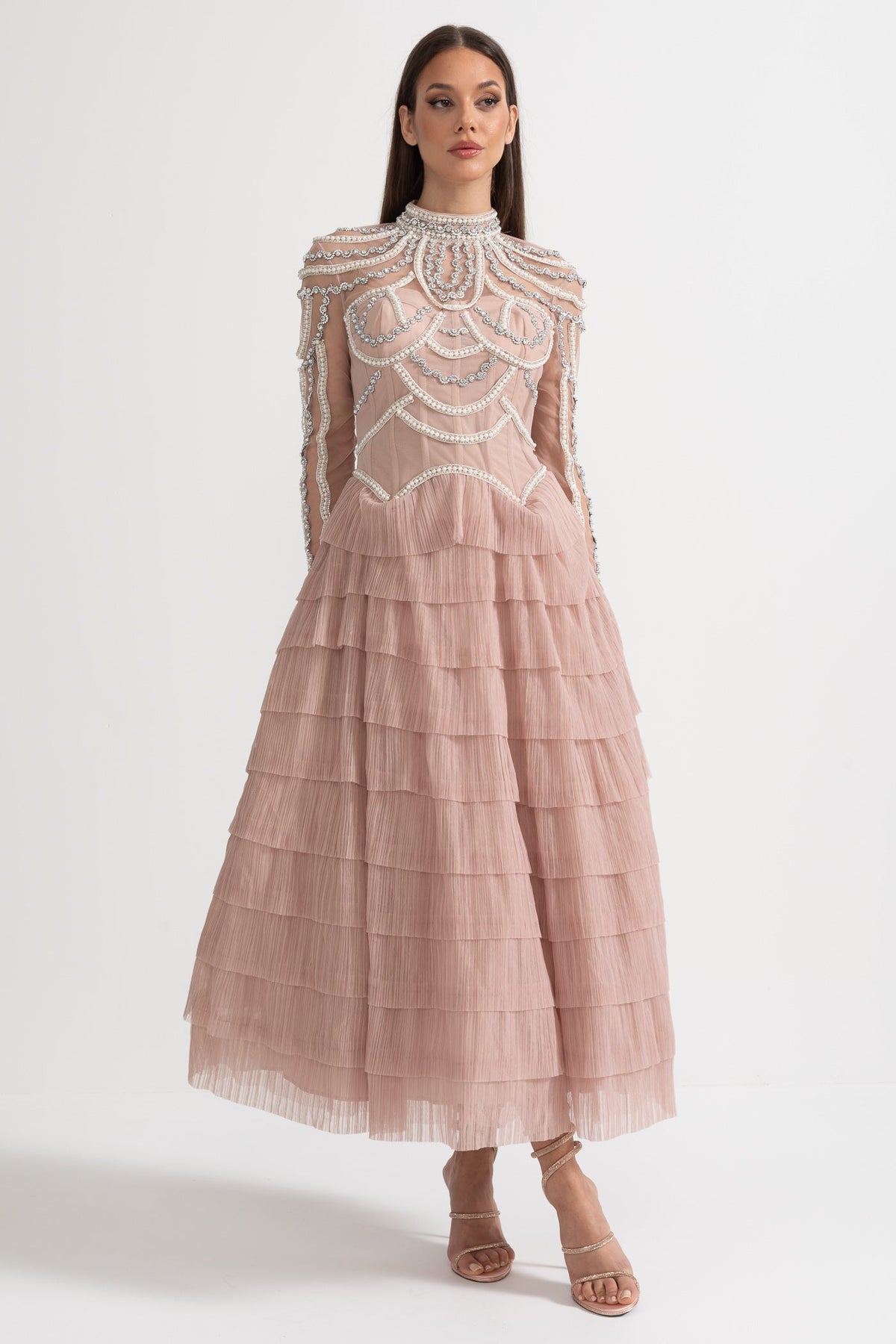 Elegant Long Sleeved Dress With Layered Ruffled Skirt And Intricate Sparkling Embellishments - Pink