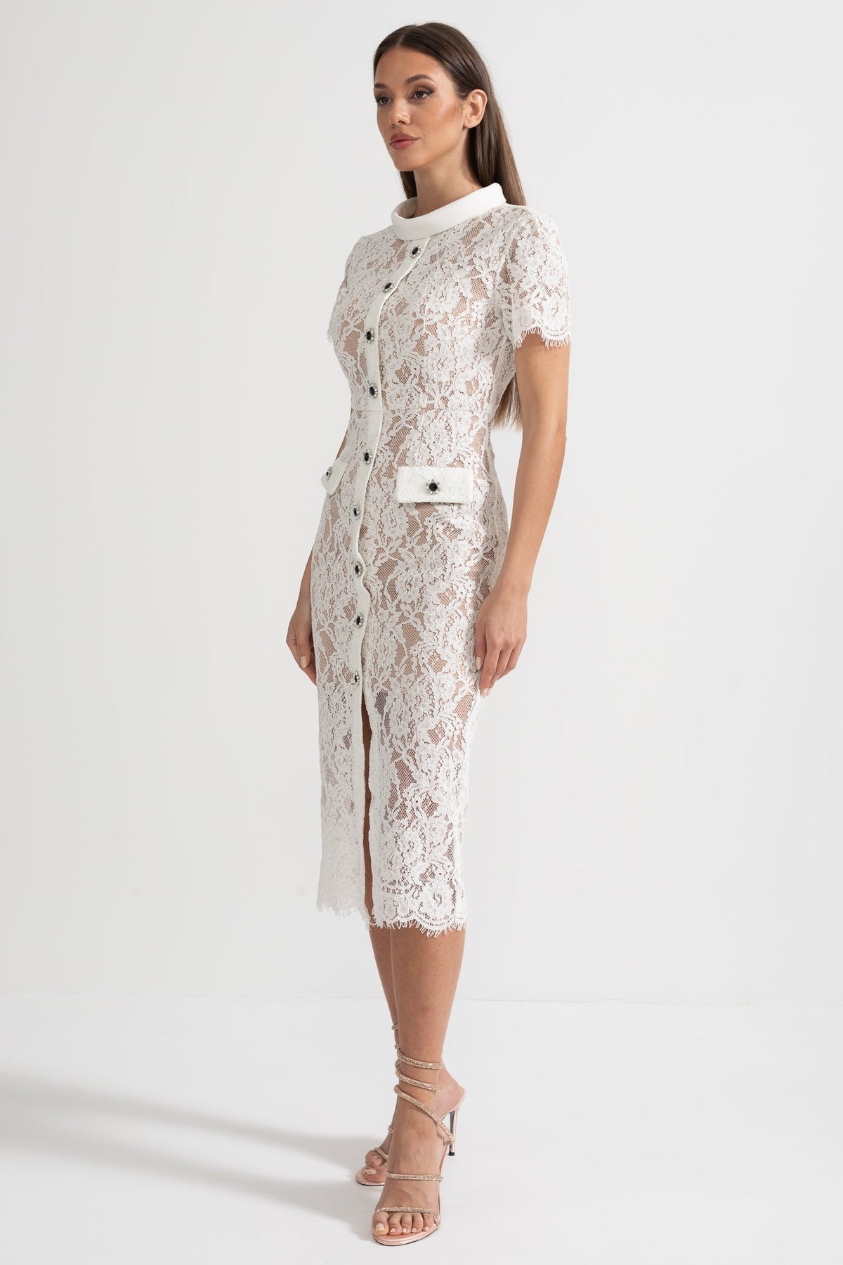 Elegant Short Sleeve Lace Dress With Matching Waist Belt - White