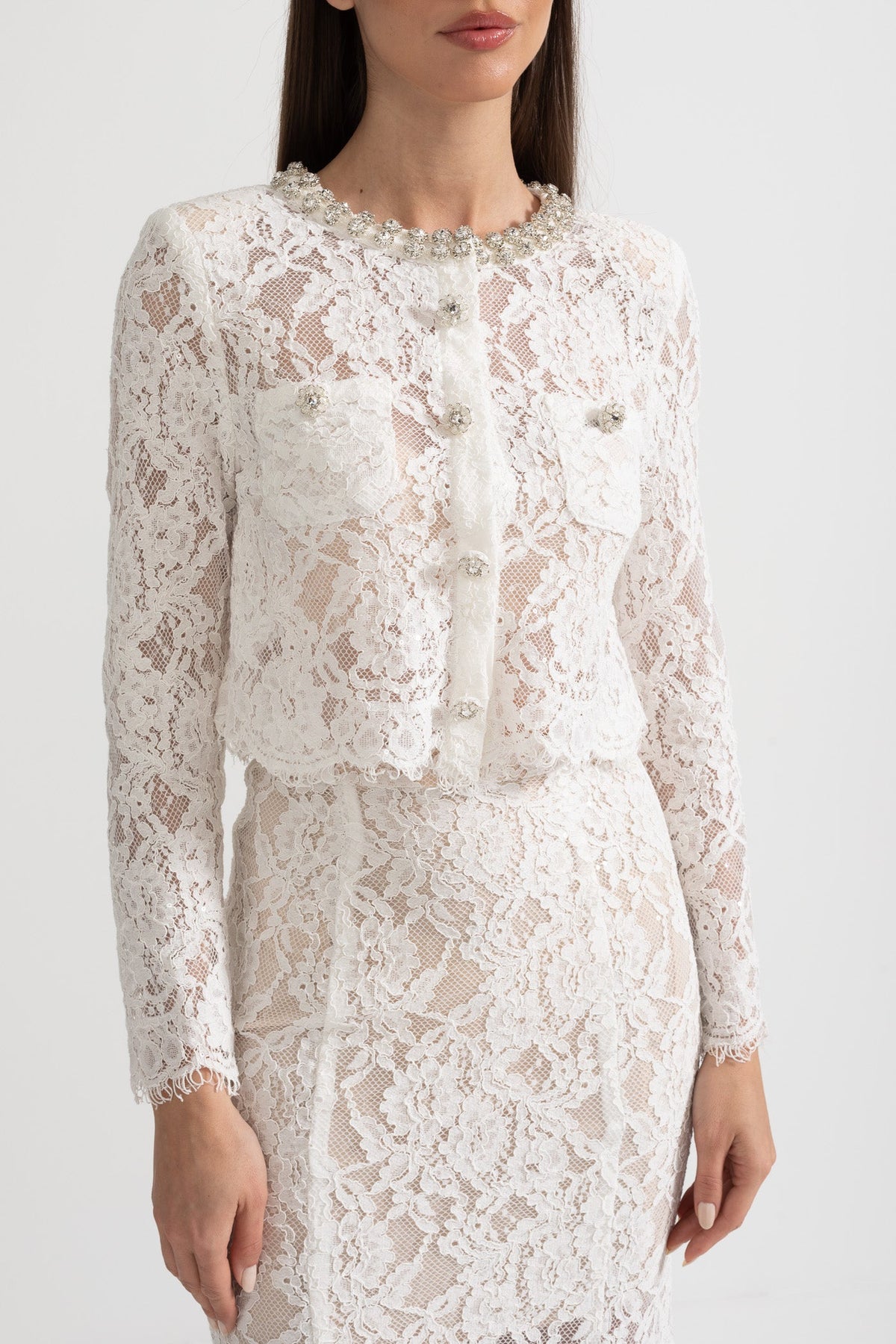 Lace Co-Ord With Sparkling Neckline Embellishments And Midi Skirt - White