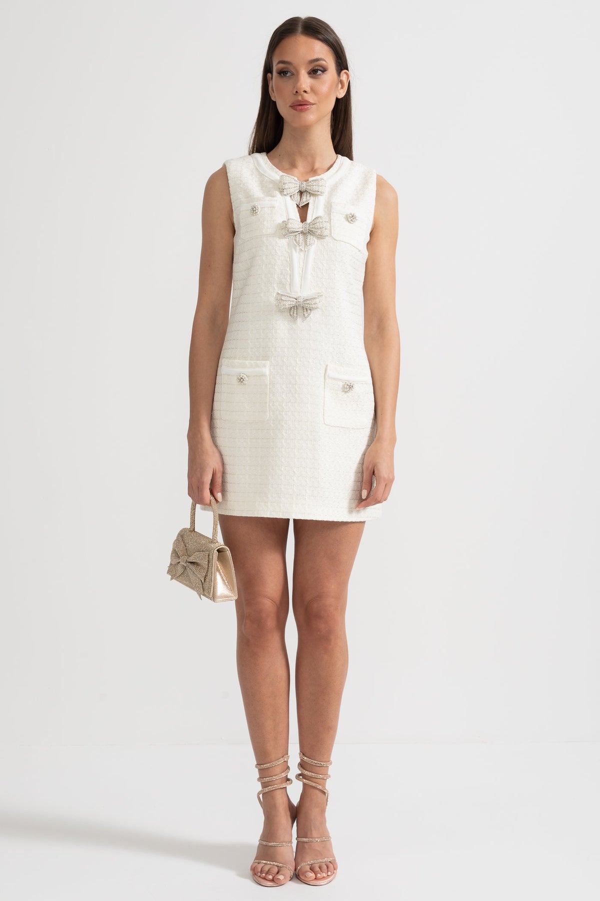 Textured Sleeveless Dress With Metal Embellished Bows - White
