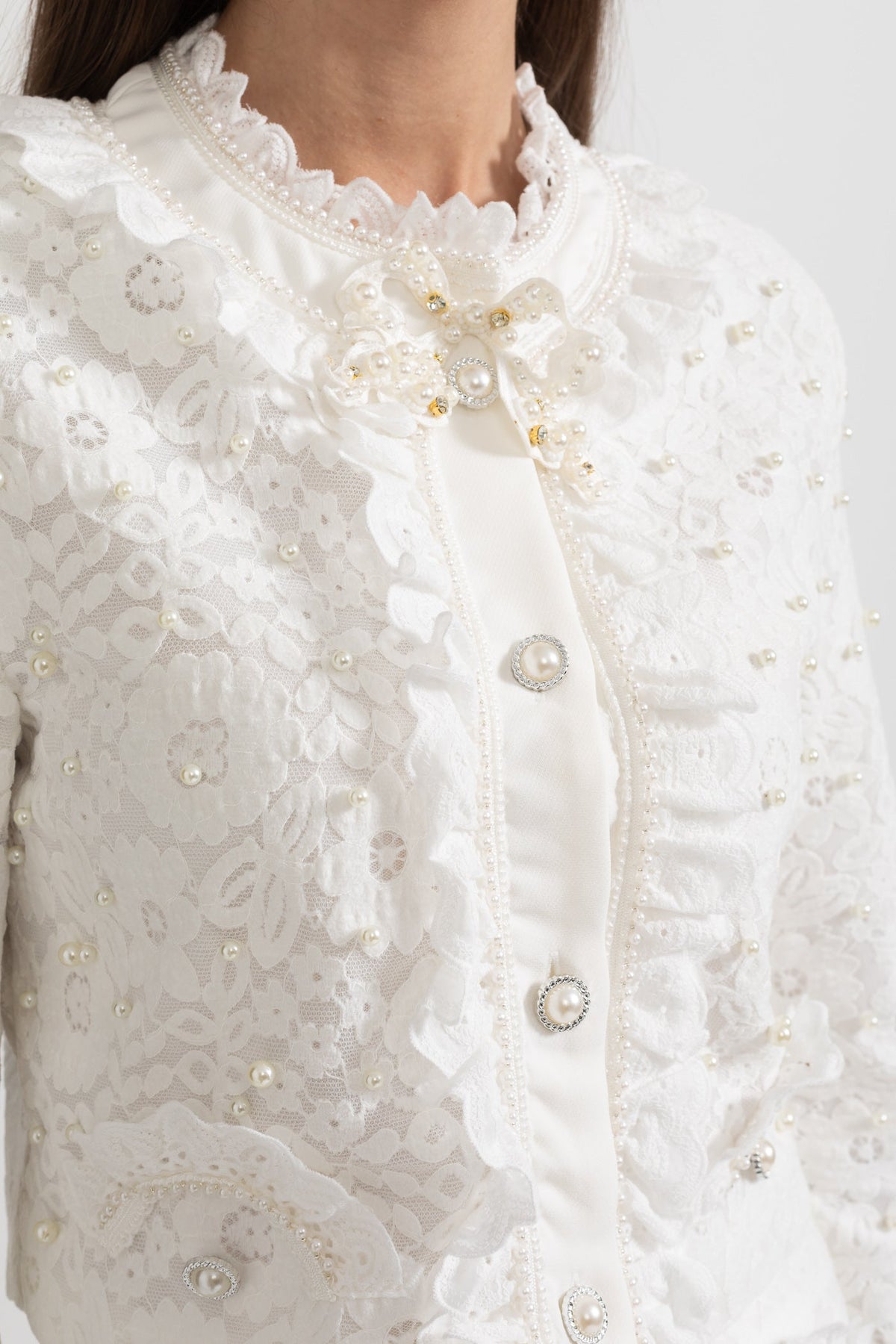 Elegant Two-Piece Ensemble With Exquisite Pearl Embellishments - White