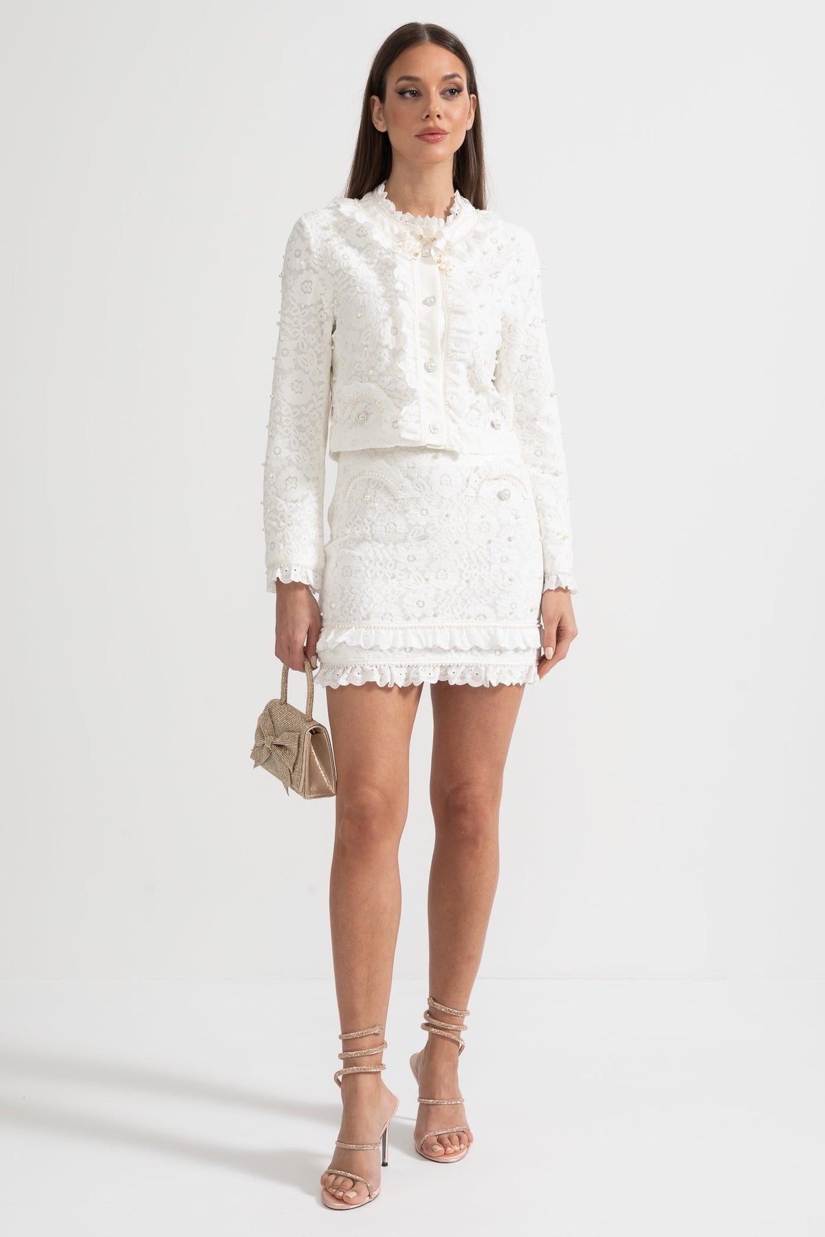 Elegant Two-Piece Ensemble With Exquisite Pearl Embellishments - White